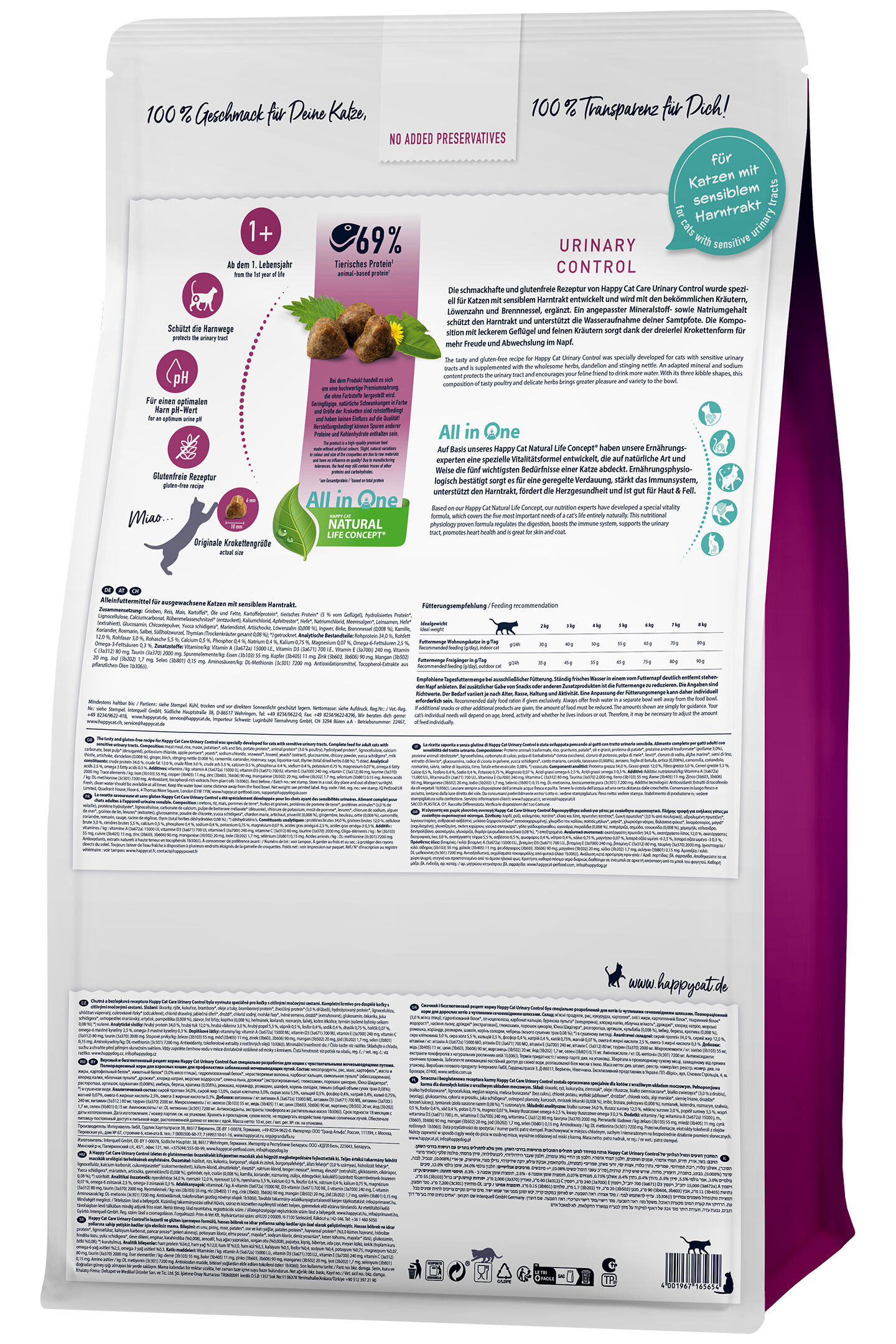 Katzenfutterverpackung mit Aufschriften: „69% Tierisches Protein“, „Urinary Control“, „All in One Natural Life Concept“, „Für Katzen mit sensiblem Harntrakt“, „Glutenfreie Rezeptur“.