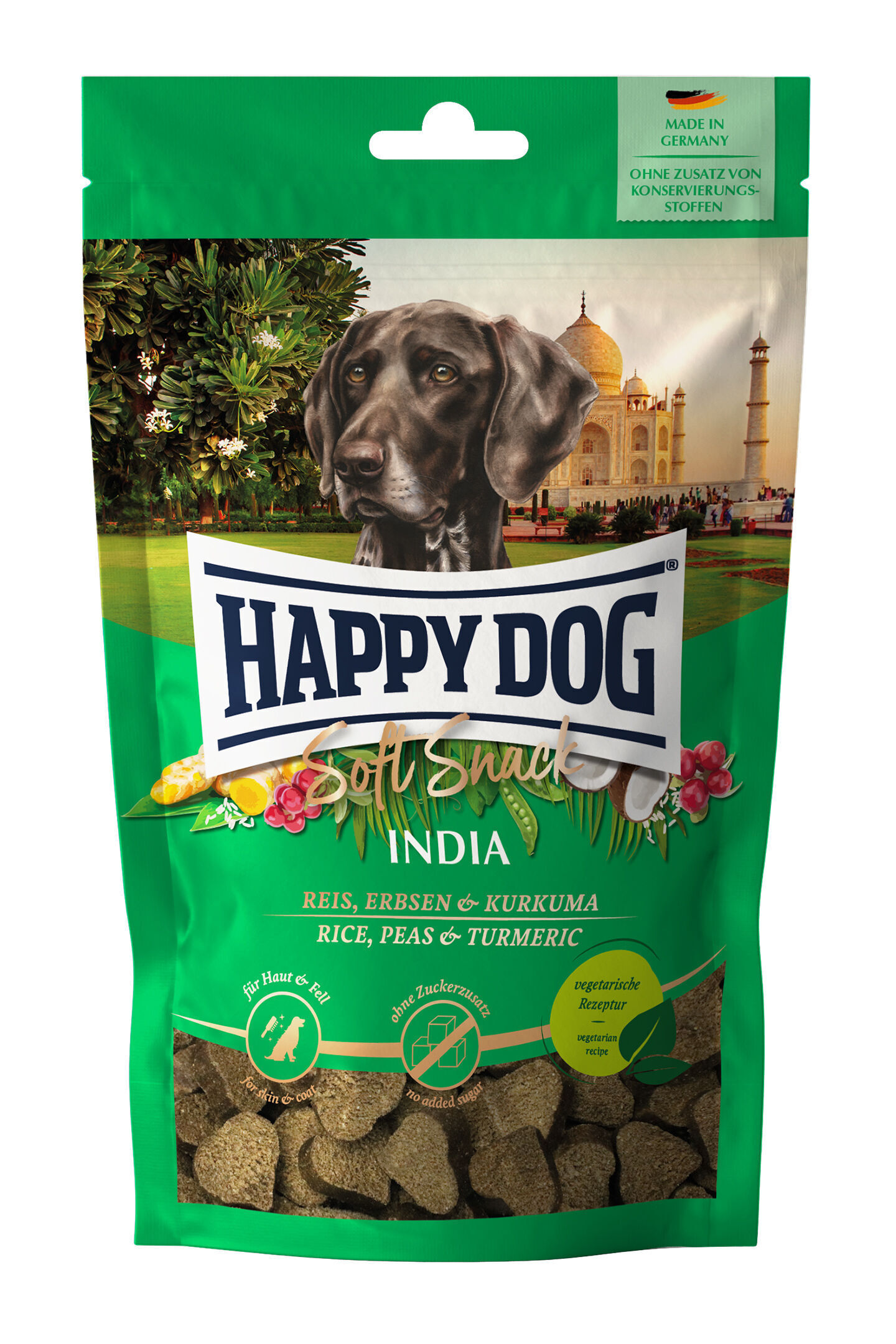 Verpackung von Happydog-Hundesnacks "Soft Snack India" mit Reis, Erbsen und Kurkuma; enthält Bild eines Hundes vor dem Taj Mahal; "Made in Germany" ohne Konservierungsstoffe.