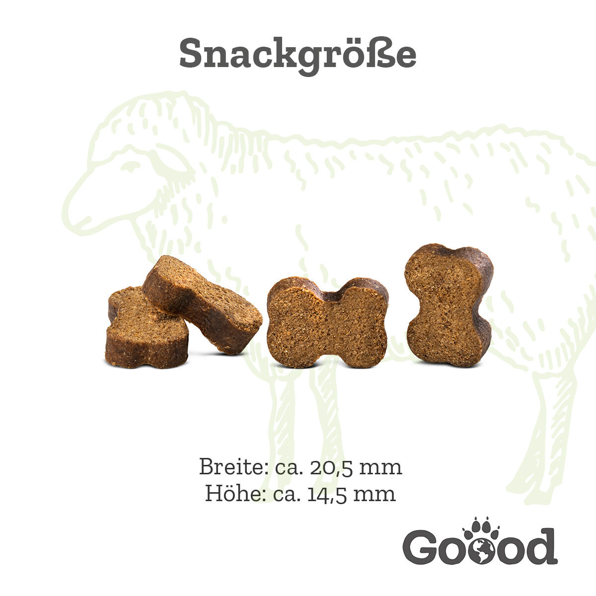 Snacks in Knochenform mit Text: "Snackgröße, Breite: ca. 20,5 mm, Höhe: ca. 14,5 mm". Hintergrundskizze eines Schafs, Marke Goood.