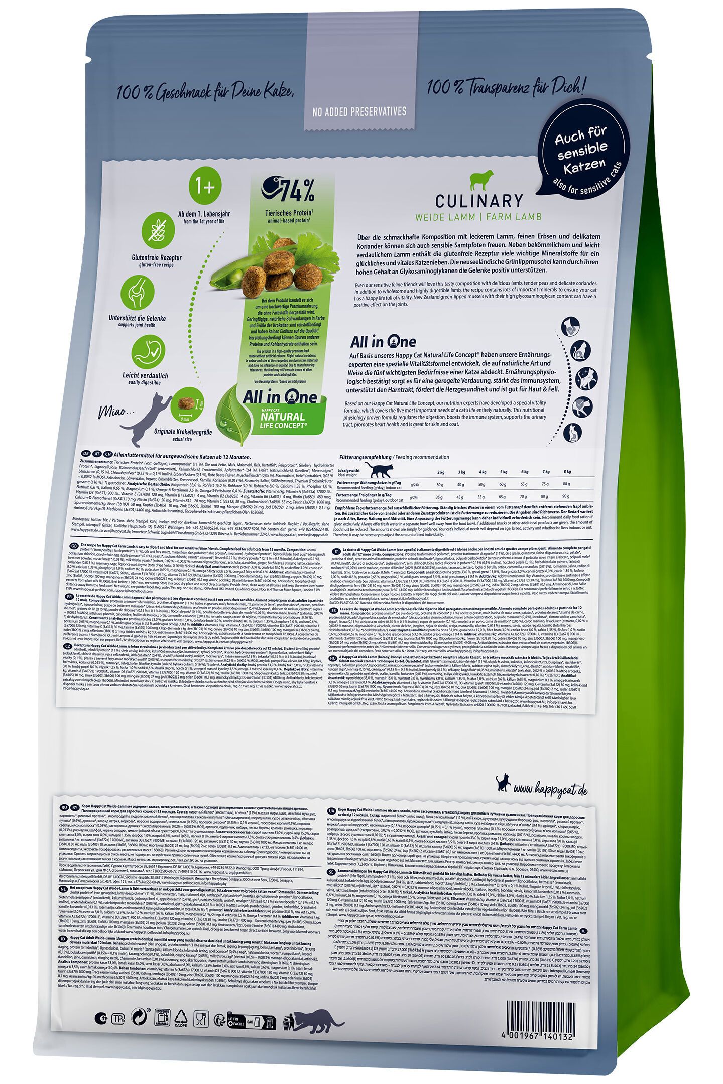 Verpackung von Katzennahrung mit Text über das Produkt, Zutaten und Fütterungsempfehlungen. Enthält Informationen zur Zusammensetzung und besonderen Eigenschaften für sensible Katzen.