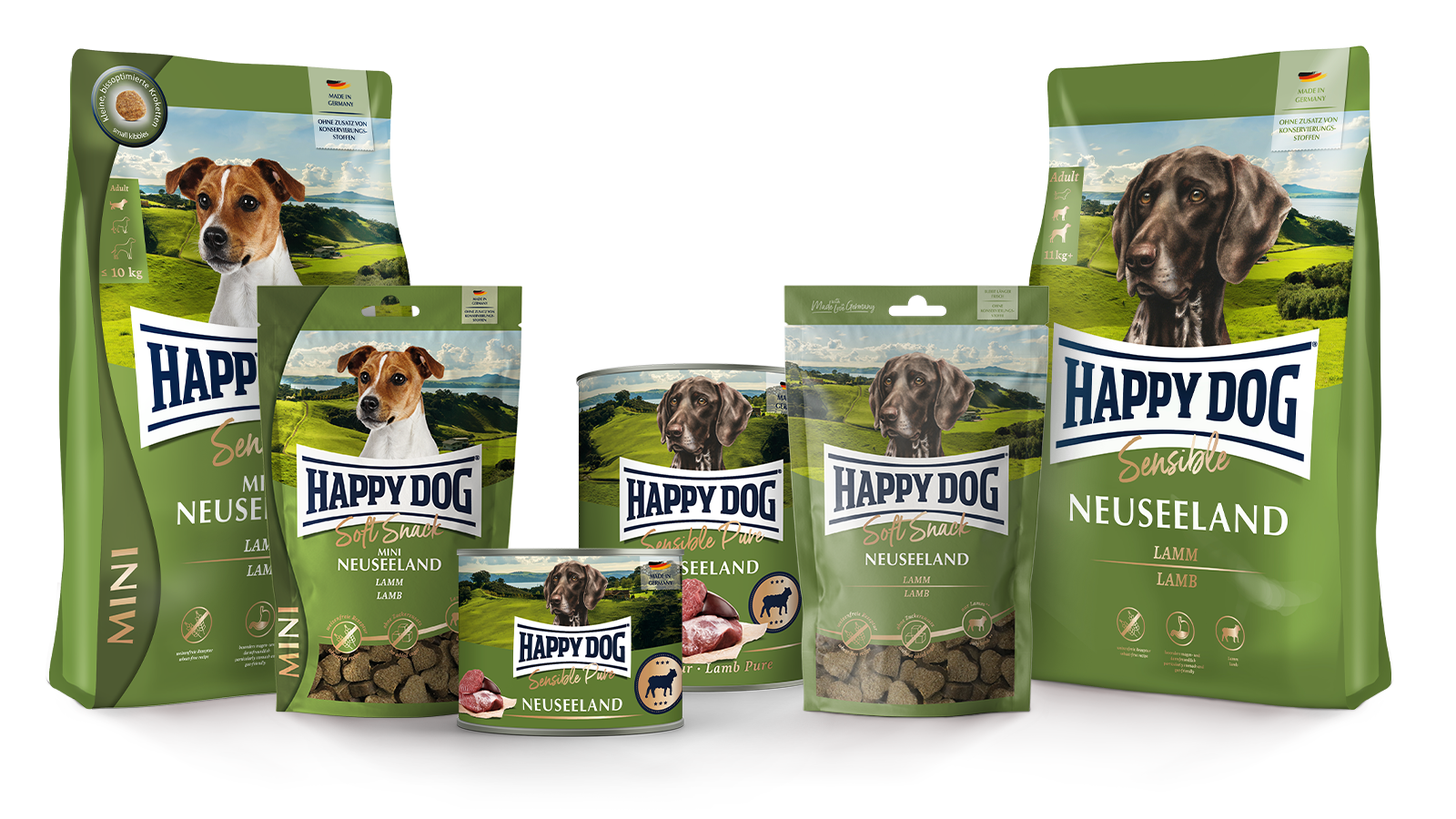 Darstellung der Produktverpackungen von Happy Dog Sensible in der Sorte Neuseeland.