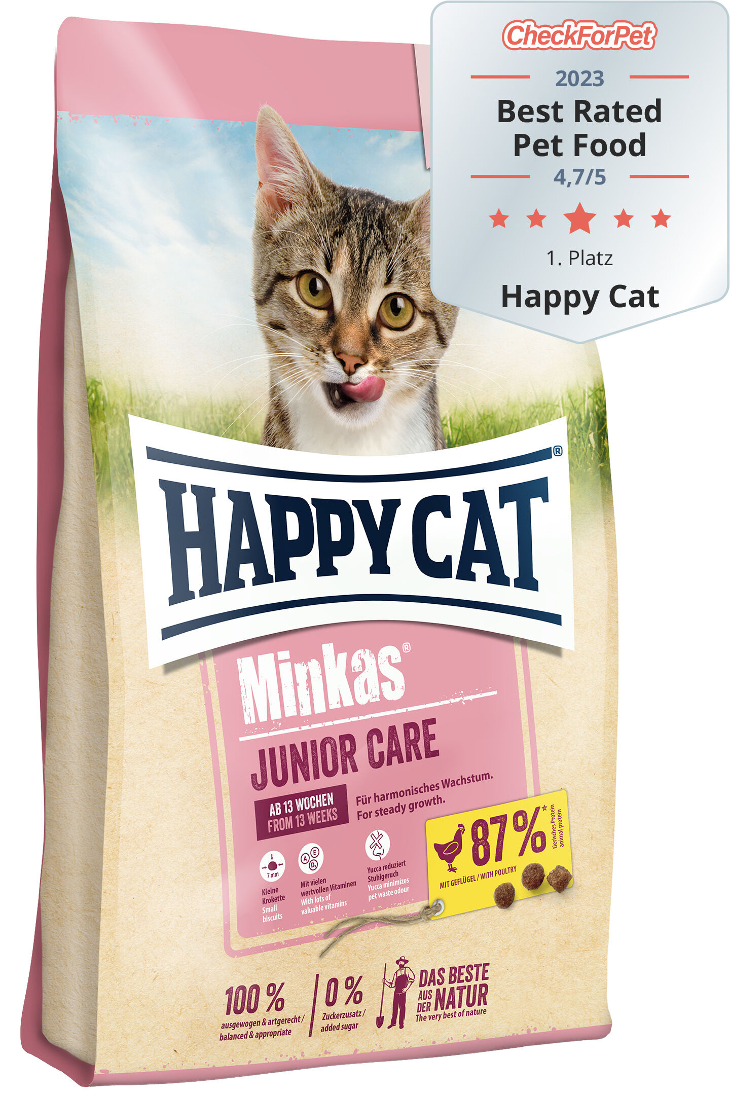 Katzenfutter-Verpackung, zeigt Katze mit heraushängender Zunge, Text: "Happy Cat Minkas Junior Care, ab 13 Wochen, für harmonisches Wachstum". Auszeichnungen: "Best Rated Pet Food 2023, 4,7/5".