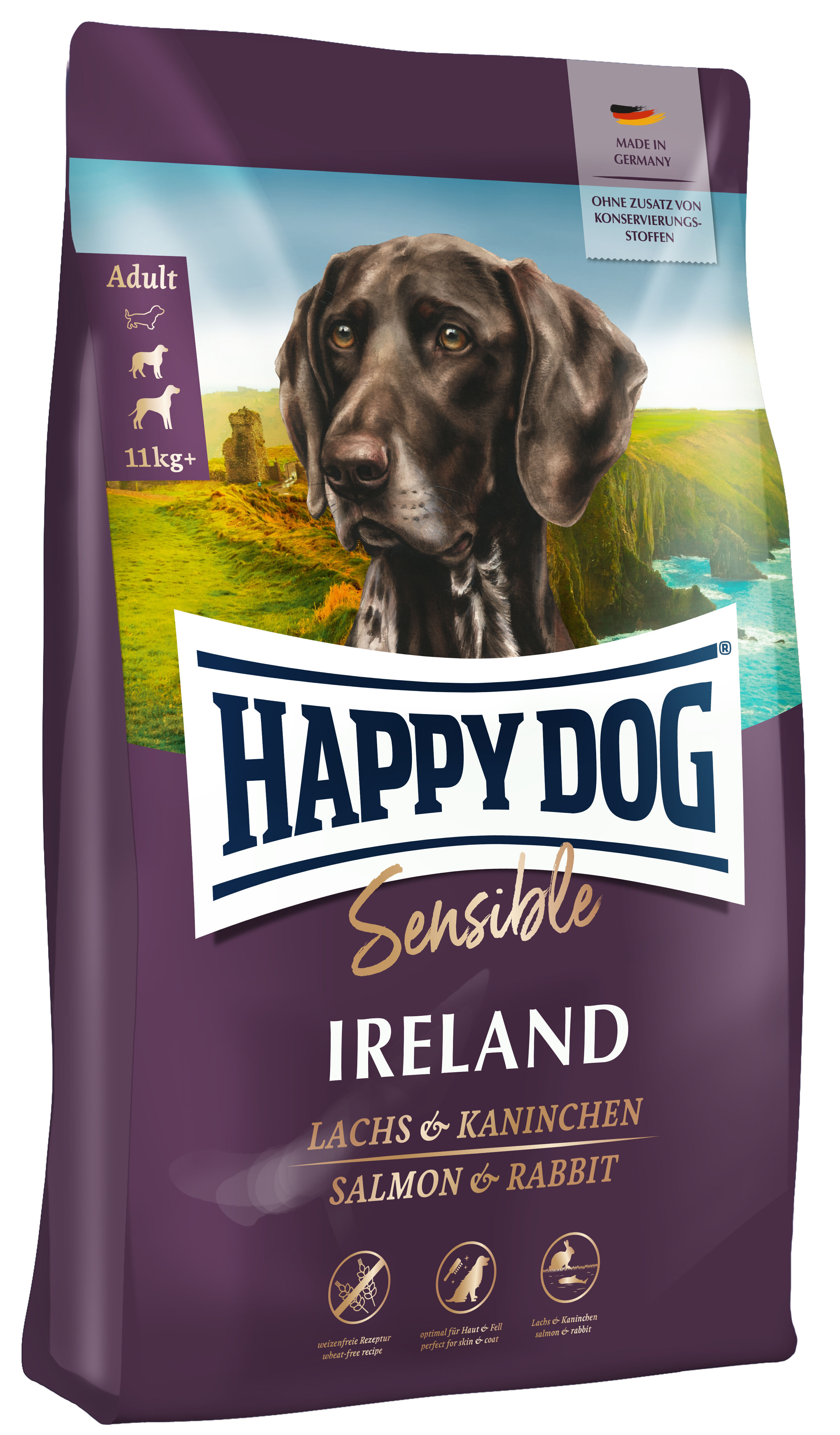 Eine Packung Hundefutter von Happydog Sensible, "Ireland Lachs & Kaninchen", zeigt einen Hund vor grรผner Landschaft. Text: โAdultโ, โ11kg+โ, โMade in Germanyโ, โOhne Zusatz von Konservierungsstoffenโ.