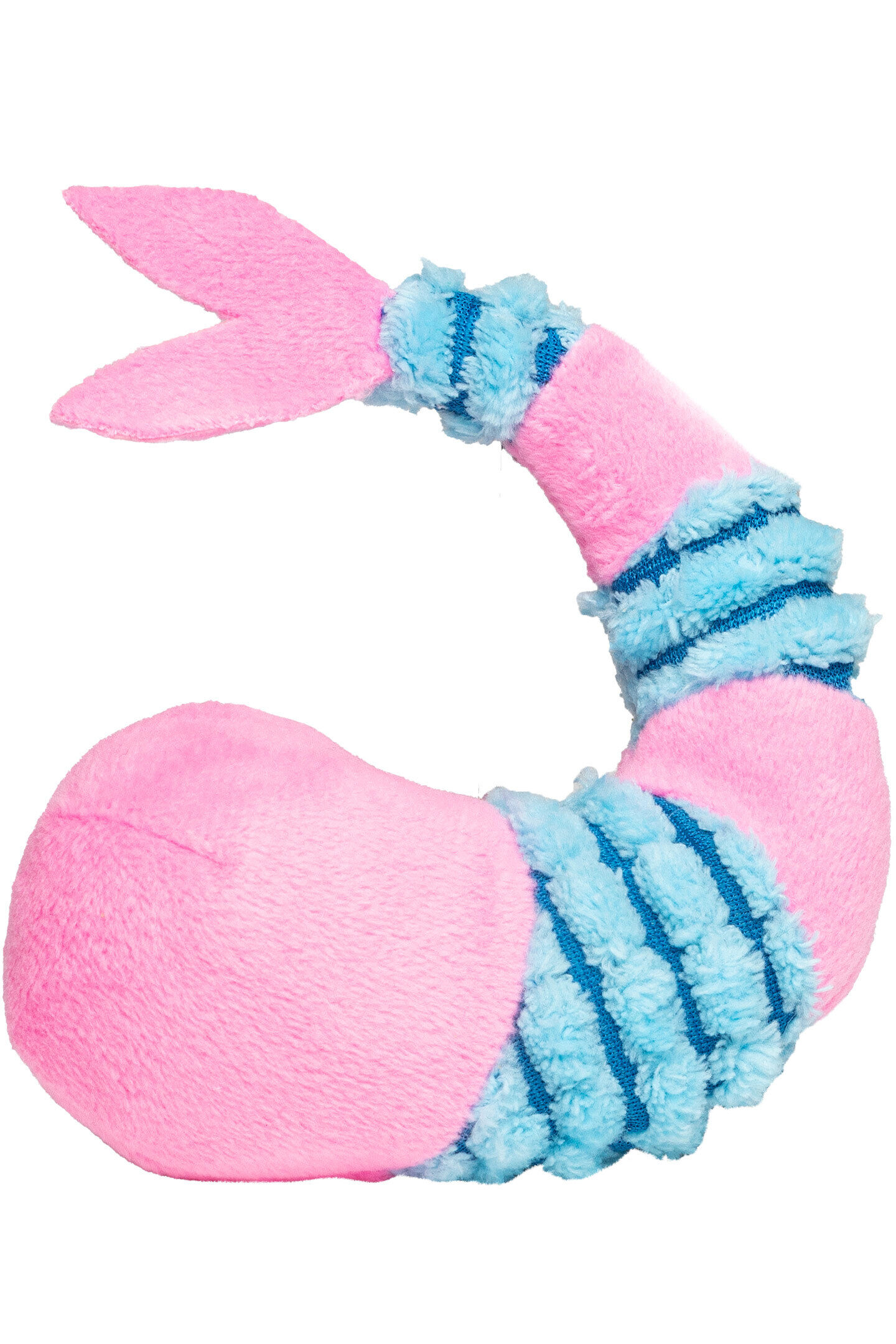 Rückseite von Plüsch-Shrimp in Pink und blau, steht auf einer Oberfläche.