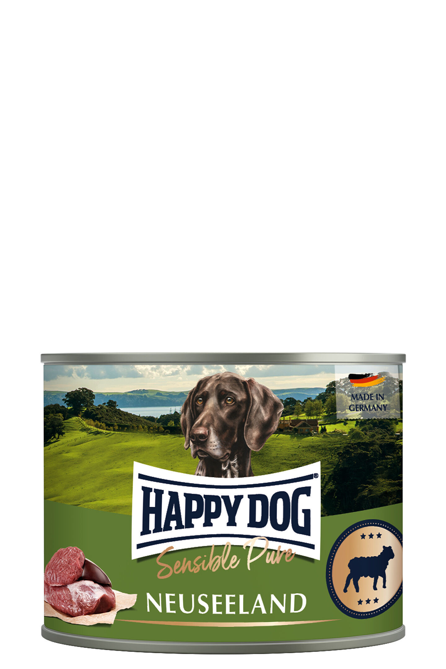 Dose mit Hundefuttermarke "Happy Dog", zeigt Hundekopf vor neuseeländischer Landschaft, mit Fleischabbildung und "Made in Germany"-Hinweis. Text: "HAPPY DOG Sensible Pure Neuseeland".