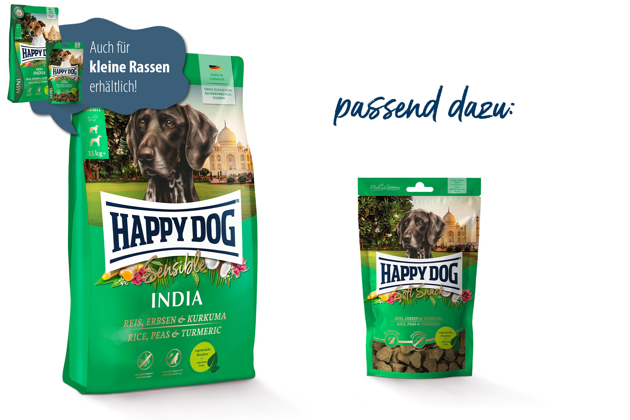 Hundfutter-Verpackung von Happydog, Sorte "India" mit Reis, Erbsen und Kurkuma. Text: "Auch für kleine Rassen erhältlich" und "passend dazu".