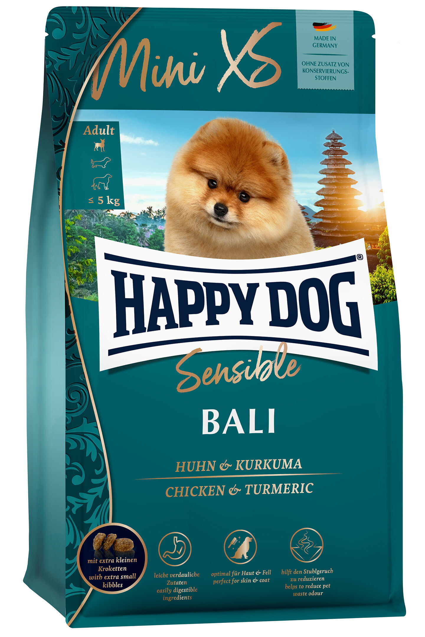 Packung für Happydog Sensible Mini XS Hundefutter, mit Abbild eines kleinen Hundes. Text: "Huhn & Kurkuma", "Made in Germany", "keine Konservierungsstoffe", "leicht verdaulich", "optimal für Haut & Fell".
