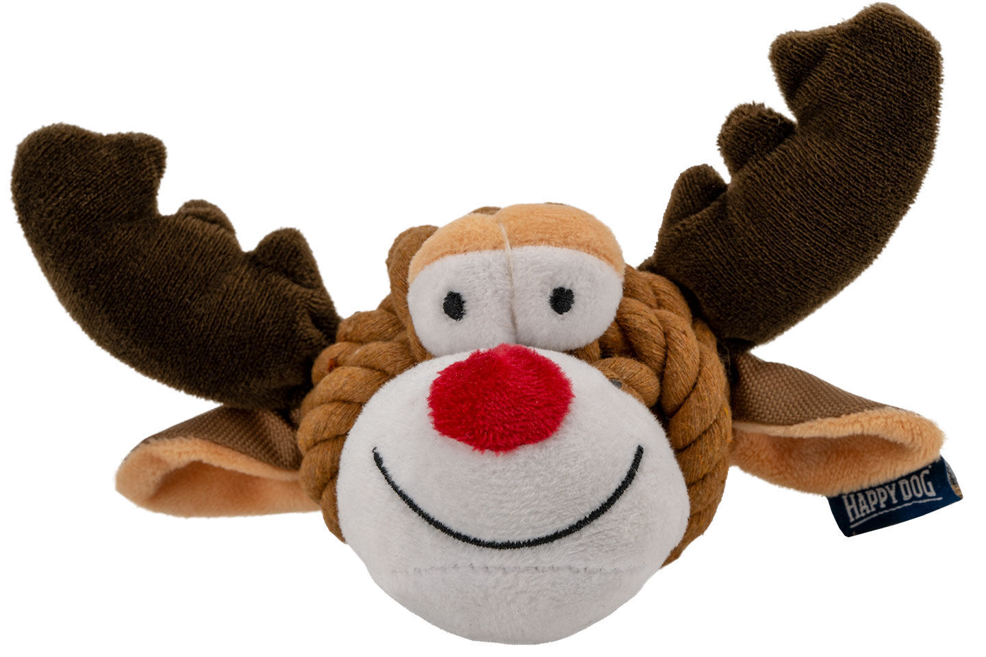 Hundespielzeug Rentier Plüschtier in Rentierform mit roten, runden Nase und lächelndem Gesicht; trägt Happydog-Markenschild. Perfekt für tierfreundliches Spielen.