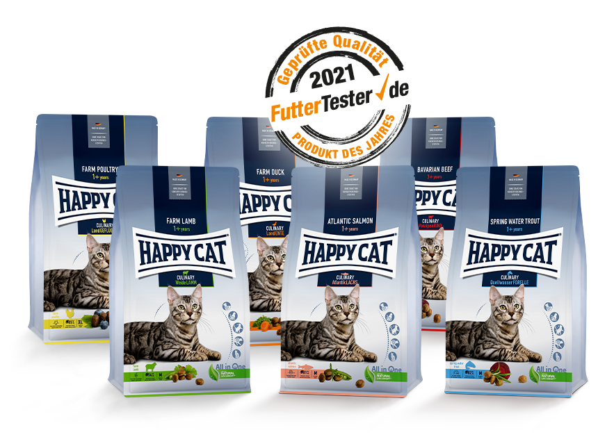 Sechs verschiedene Sorten Happy Cat Culinary Trockenfutter mit Futtertester-Siegel
