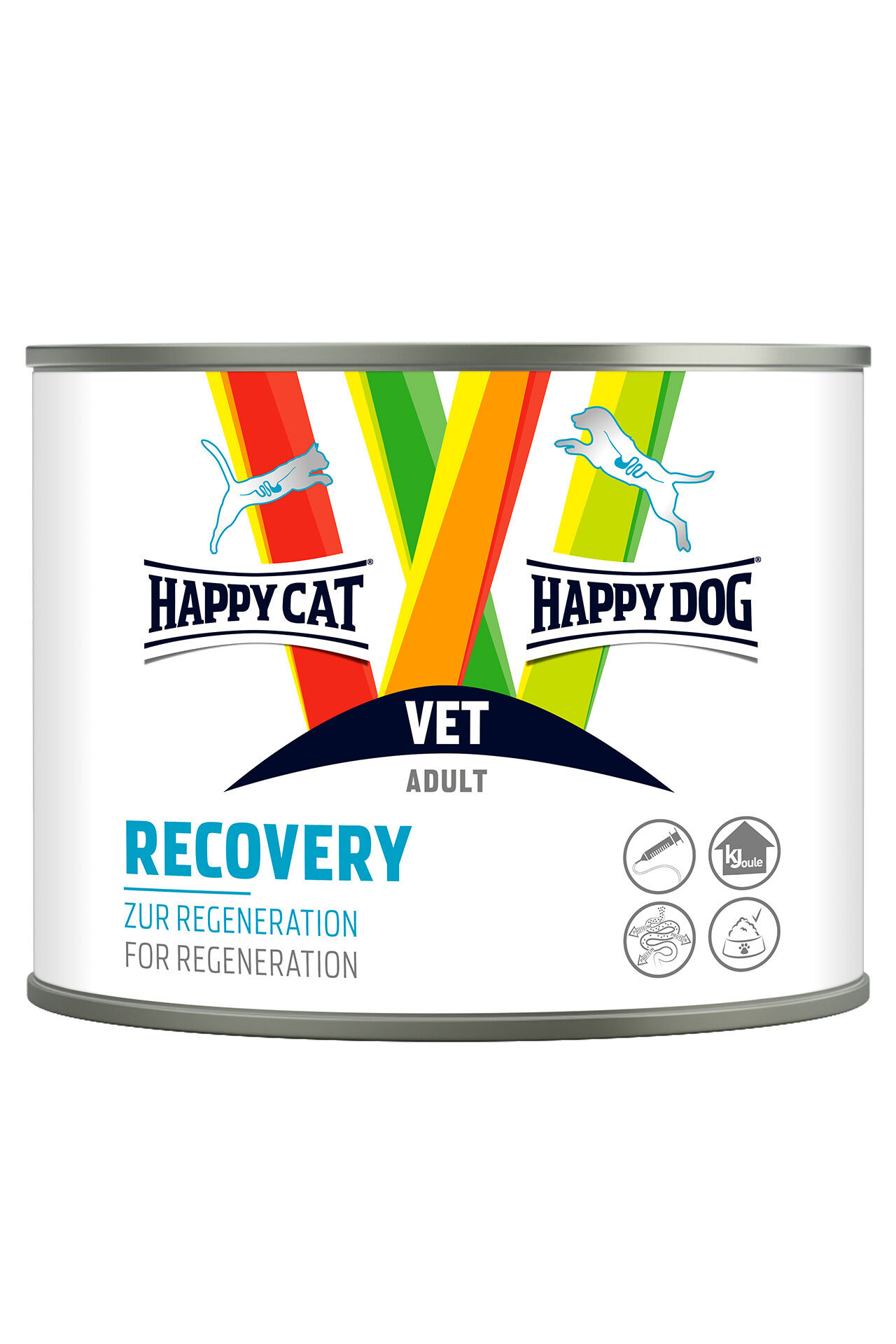 Dose mit der Aufschrift "HAPPY CAT" und "HAPPY DOG", illustriert mit einem stilisierten Hund und Katze. Text: "VET ADULT RECOVERY ZUR REGENERATION FOR REGENERATION". Symbole unten zeigen Spritze, Energie, Fisch, Magen.