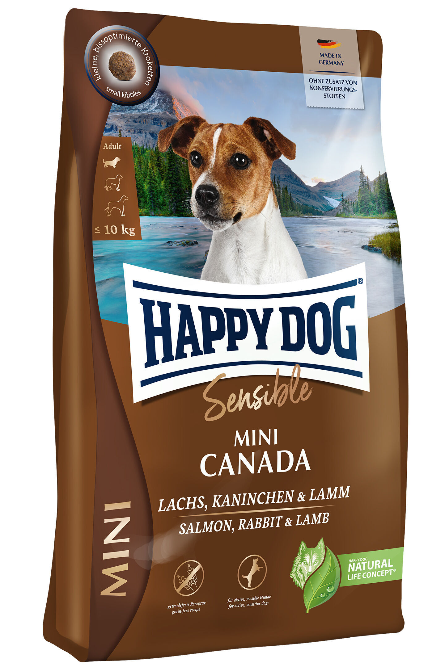 Eine Packung Happydog Sensible Mini Canada Hundefutter mit einem Hundebild, Naturillustration und Text: "Lachs, Kaninchen & Lamm", "Getreidefreie Rezeptur", "Made in Germany".