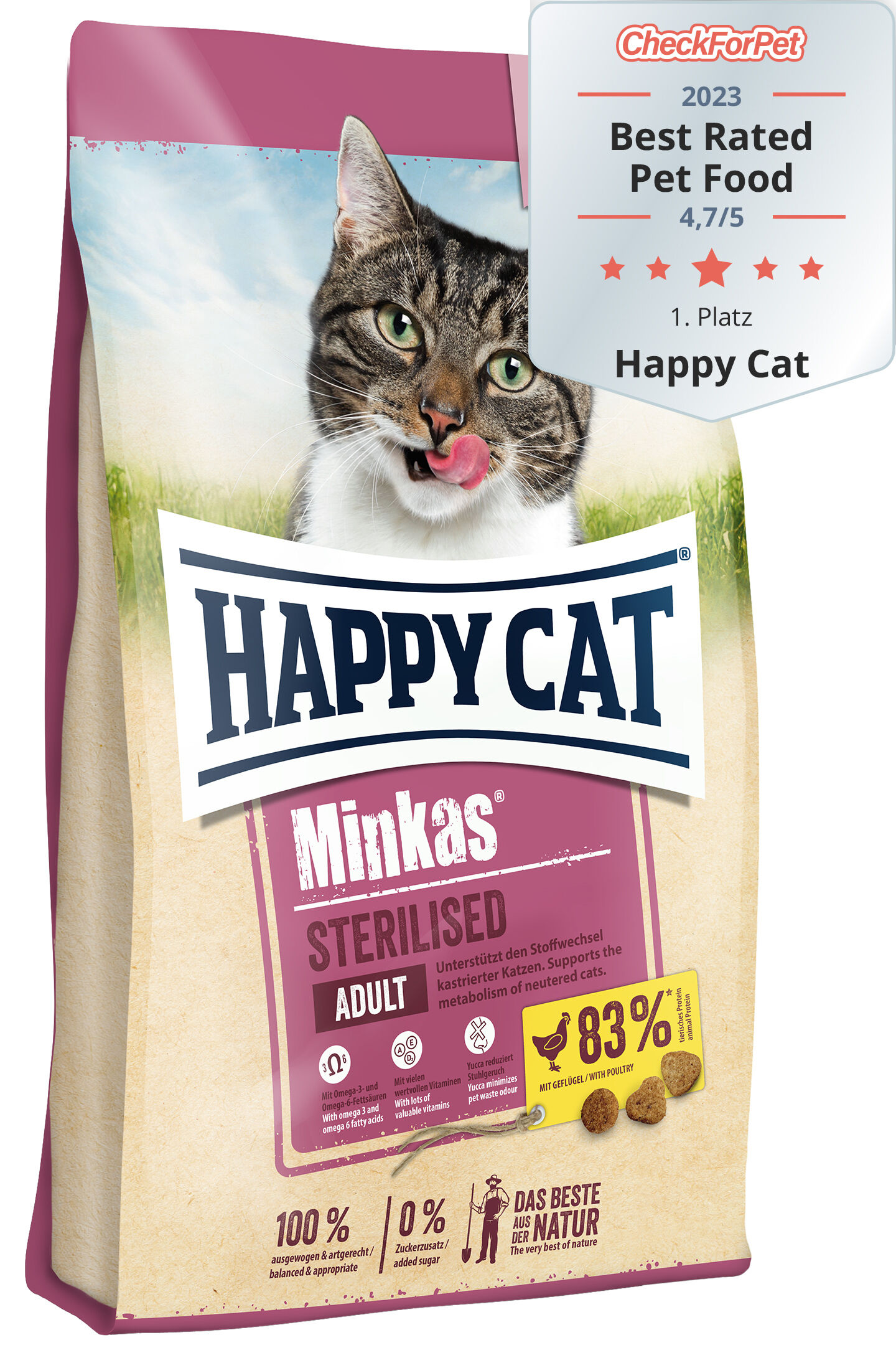 Packung Katzenfutter Happy Cat Minkas, beworben als bestbewertetes Tierfutter 2023 mit 4,7/5 Sternen. Bild einer Katze, Verpackung in rosa und beige gestaltet.