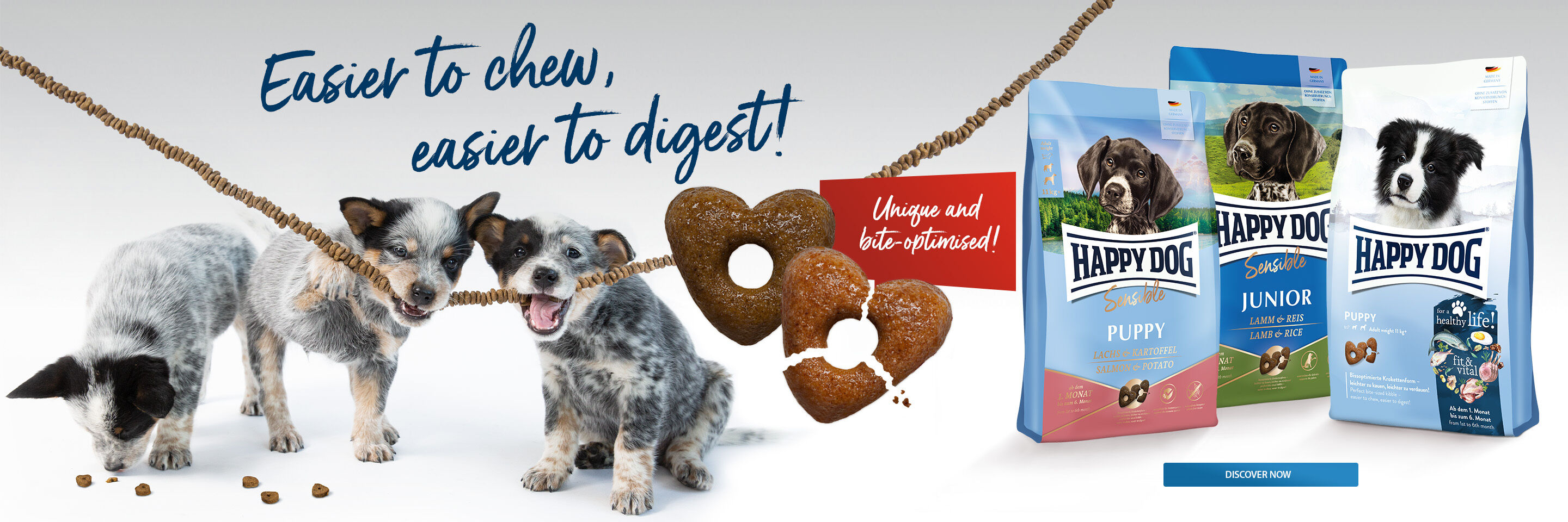 Drei Welpen kauen an einer Schnur mit Kroketten. Daneben stehen Futtersäcke von Happy Dog.