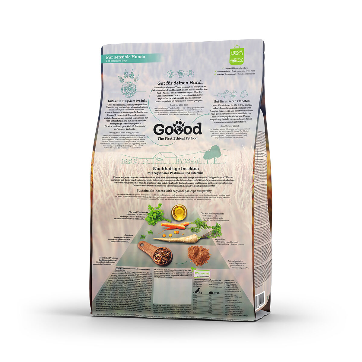 Verpackung mit Hundemotiv und Insekten-Design. Text beschreibt nachhaltige Zutaten wie Pastinake und Petersilie. Marke „Goood“ betont ethische Produktion und Umweltschutz.