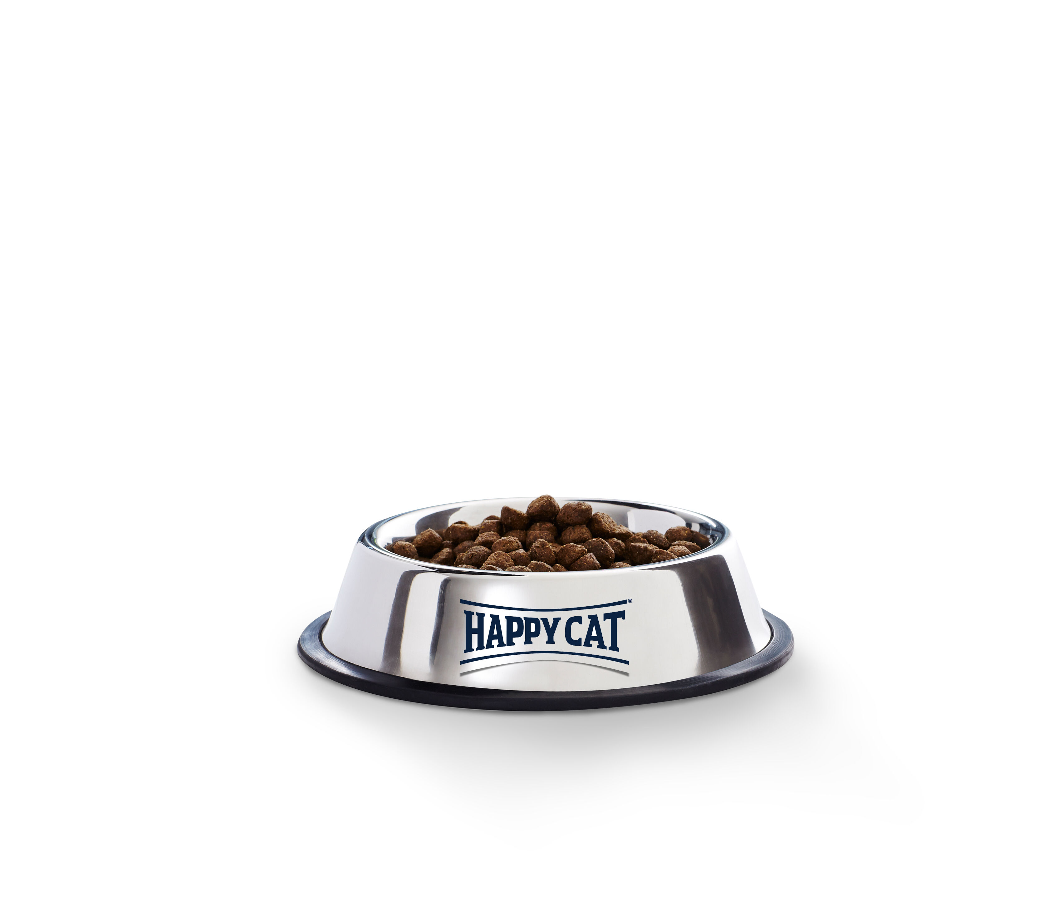 Edelstahlnapf mit Happy Cat Logo vorne, gefüllt mit Trockenfutter für Katzen von Happy Cat