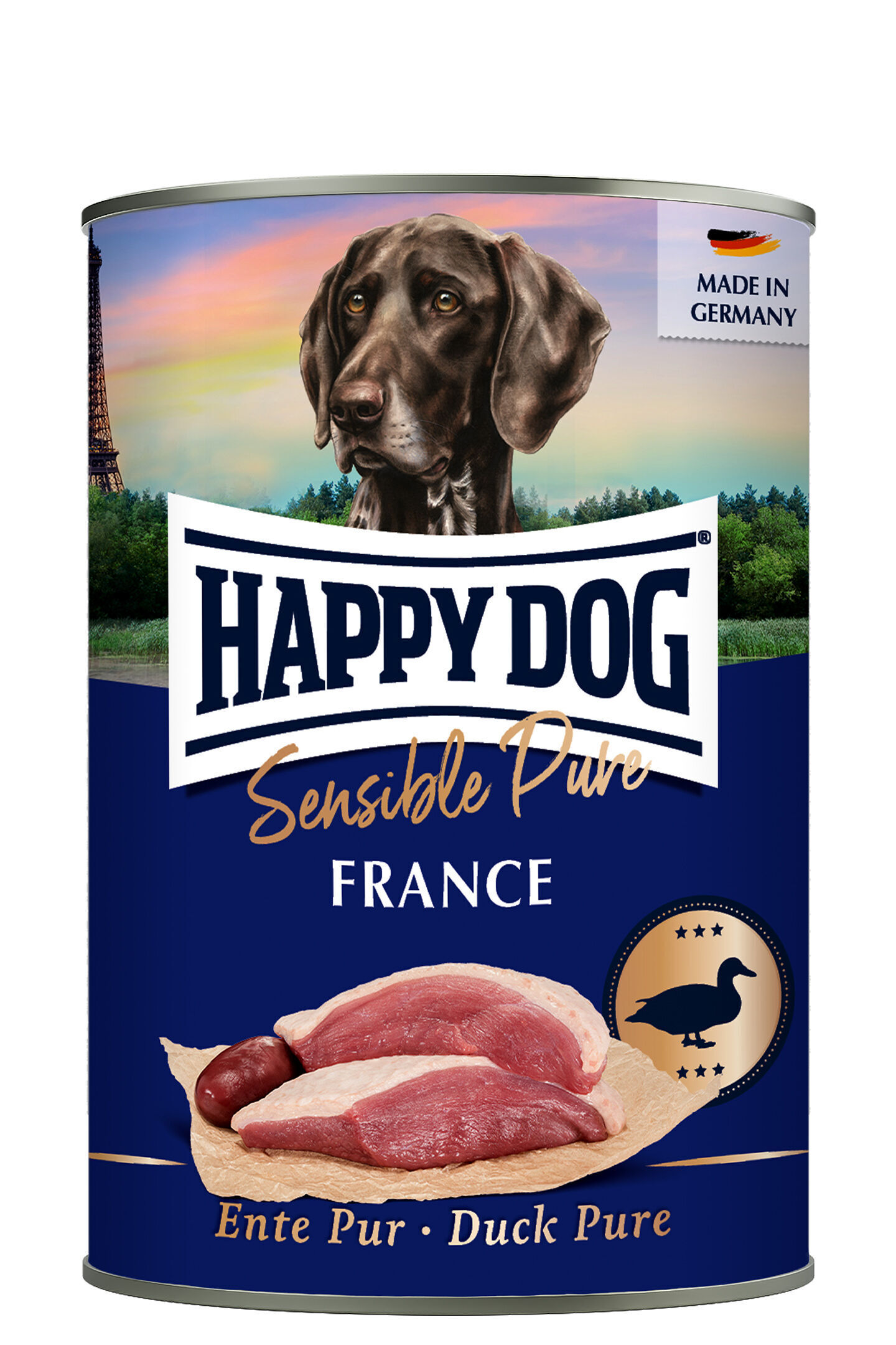 Hundefutterdose mit dem Etikett "HAPPY DOG Sensible Pure FRANCE Ente Pur". Ein Hundekopf, Fleischstücke und der Eiffelturm sind abgebildet. "MADE IN GERMANY" ist oben rechts.