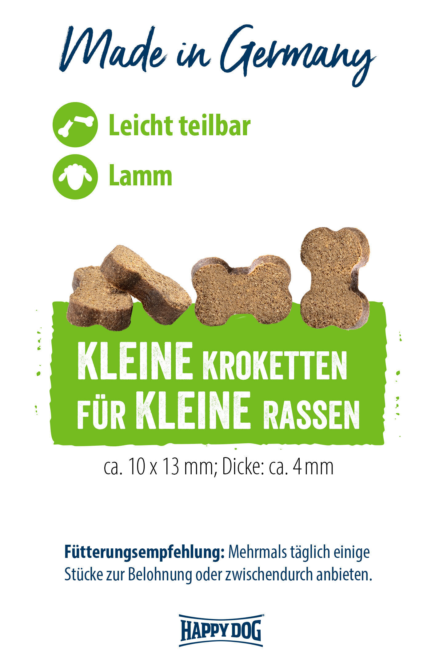 Hundefutterverpackung zeigt kleine Kroketten für kleine Rassen, leicht teilbar, mit Lamm, Made in Germany. Enthält Fütterungsempfehlung. Marke: Happydog. Text komplett wiedergegeben.