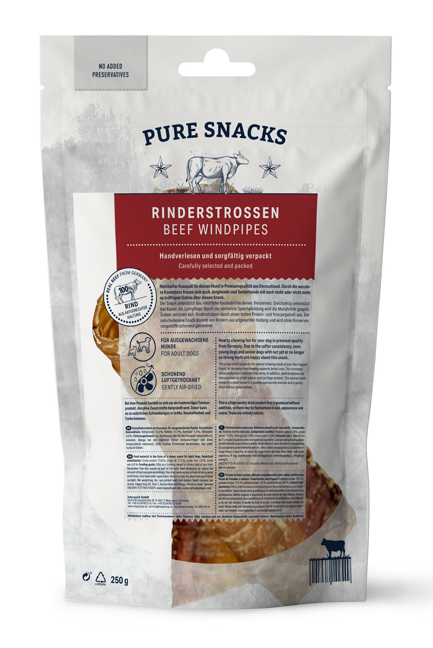 Verpackung von Pure Snacks Rinderstrossen, 250g, für ausgewachsene Hunde. Enthält luftgetrocknete Rinderstrossen ohne Konservierungsstoffe. Mit Text: "Für ausgewachsene Hunde. Schondend luftgetrocknet. Handverlesen und sorgfältig verpackt."