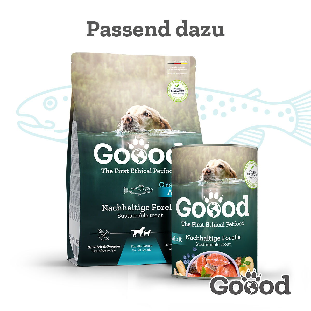 Hundefutterverpackungen mit Aufschrift "Goood", zeigen Hund im Wasser; Text betont nachhaltige Forellenzusammensetzung. Hintergrund mit Fischillustration. Slogan: "The First Ethical Petfood".