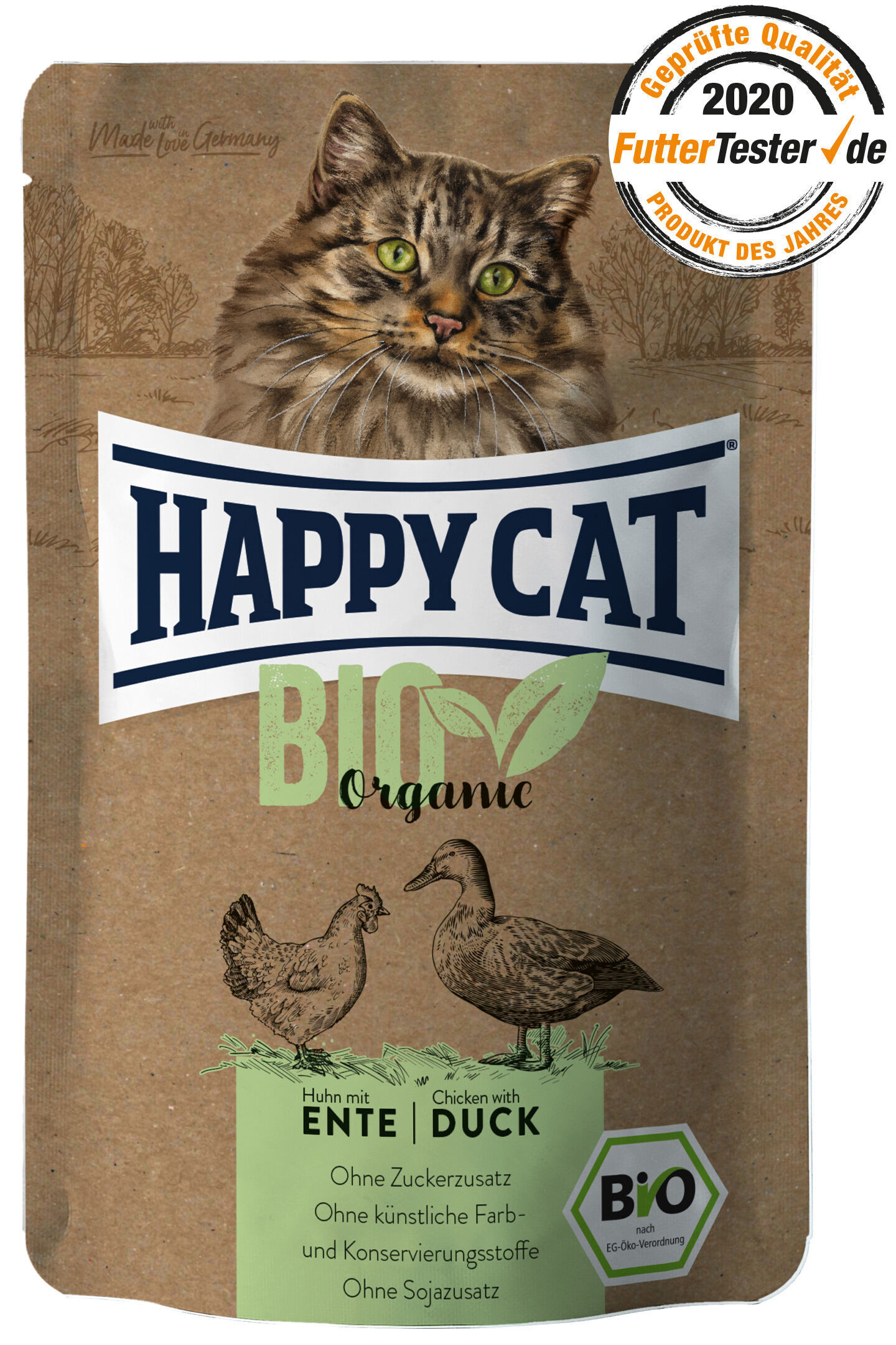 Poulet et Canard Bio Verpackung mit Katze, Text „HAPPY CAT BIO Organic“, Huhn und Ente abgebildet. Enthält keinen Zucker, keine künstlichen Farb- und Konservierungsstoffe, keinen Soja. Bio-zertifiziert.