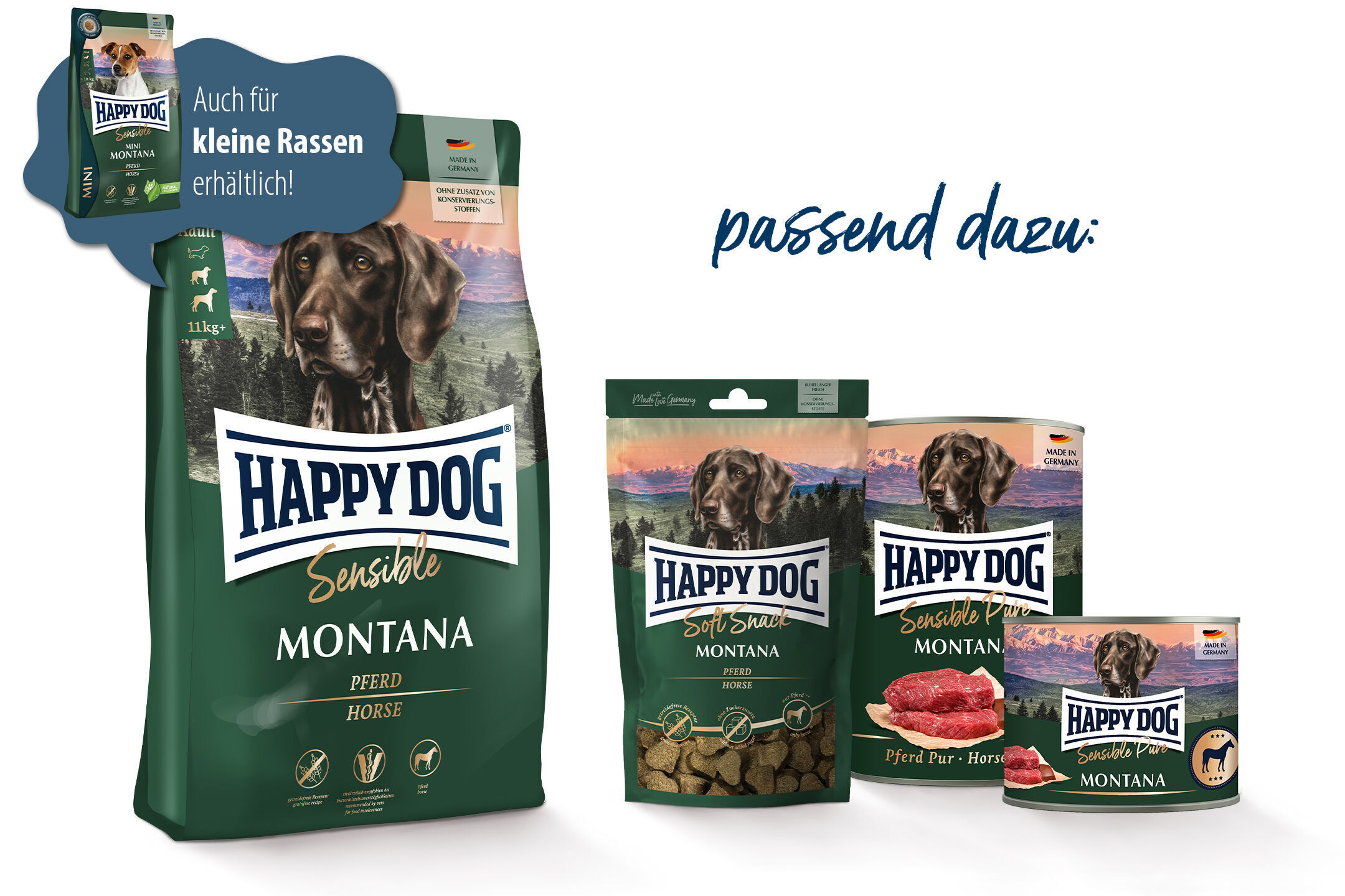 Verschiedene "Happy Dog" Futtermittelverpackungen mit Hundebild. Text: "Auch für kleine Rassen erhältlich!" "Made in Germany," "ohne Zusatz von Konservierungsstoffen," "passend dazu."