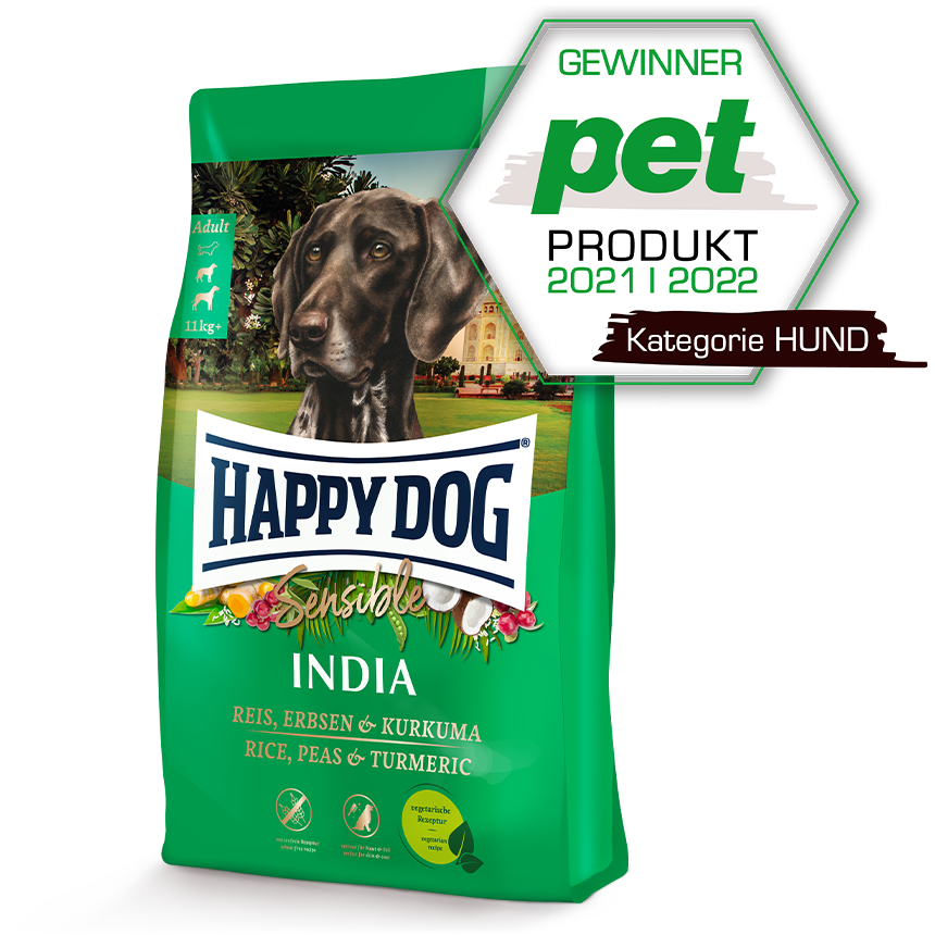 Darstellung der Produktverpackung von Happy Dog Sensible in der Sorte India. Die Auszeichnung von pet für das Produkt des Jahres 2021/2022 ist beigefügt.