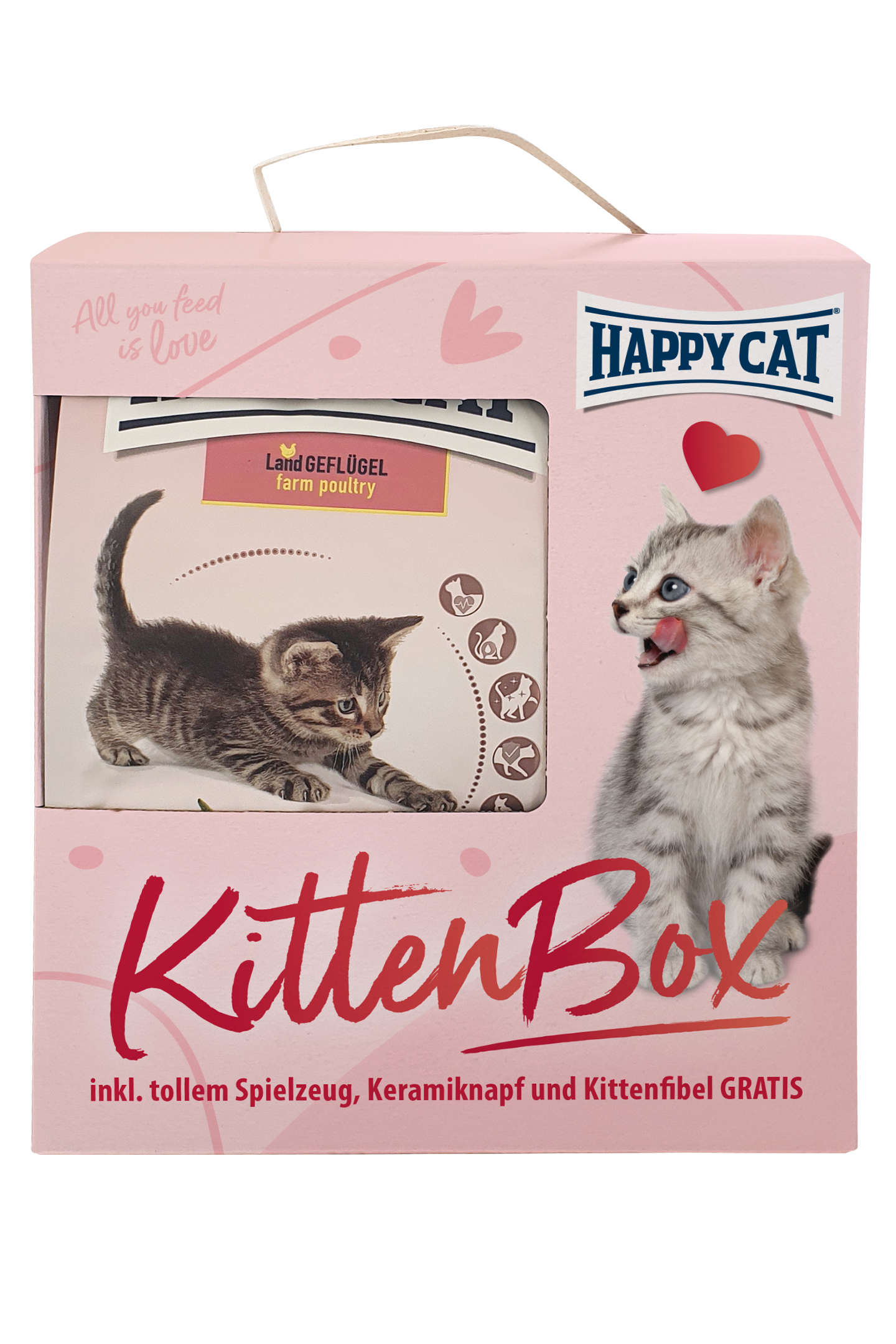 Katzenspielbox mit Aufschrift "KittenBox", enthält Spielzeug, Keramiknapf, Kittenfibel, dekoriert mit Katzenbildern und der Marke "Happy Cat" im Kontext einer Geschenkverpackung.