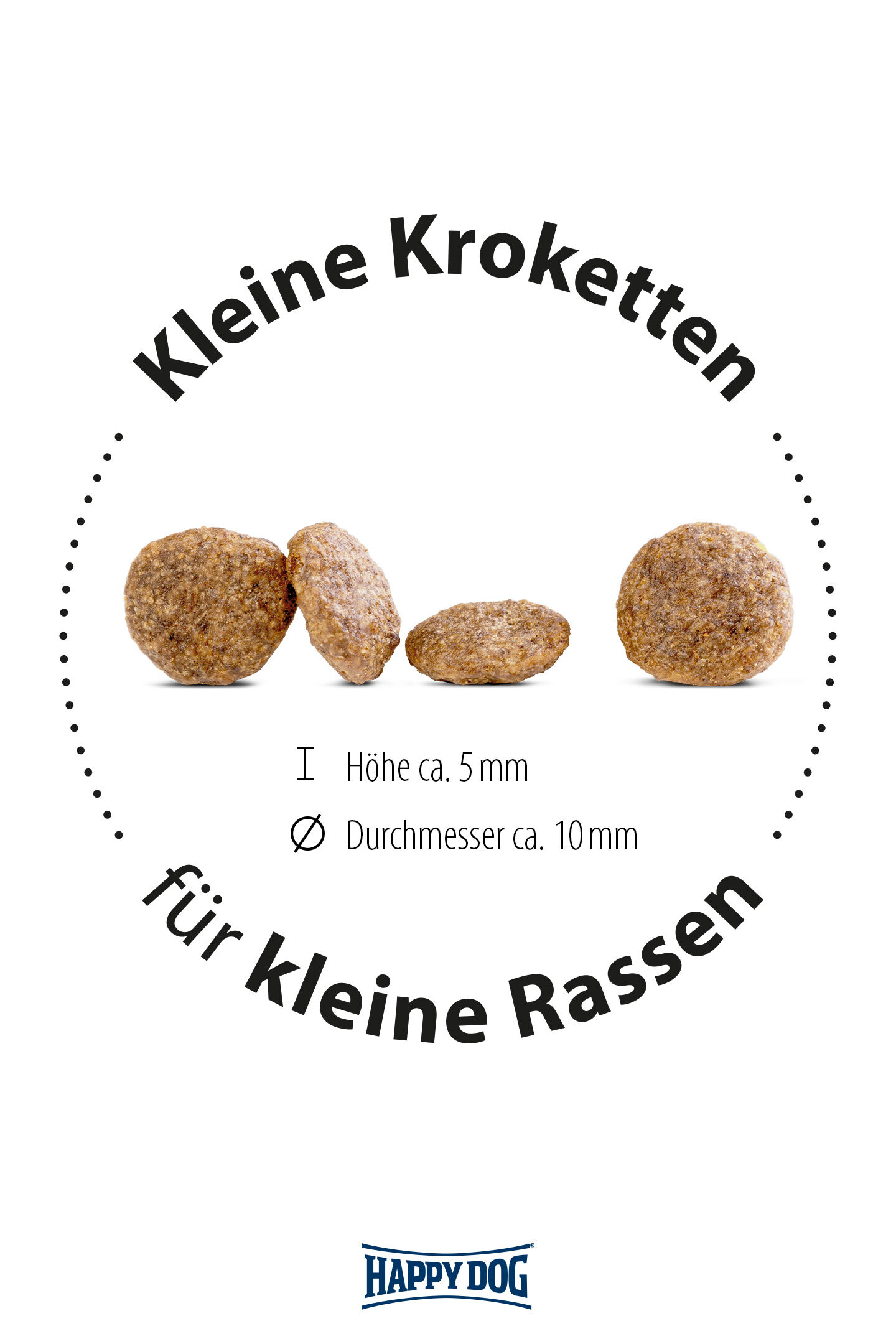 Kroketten - Liegen nebeneinander - Beschriftet mit „Kleine Kroketten für kleine Rassen. Höhe ca. 5 mm, Durchmesser ca. 10 mm.“ Happydog-Logo unten.
