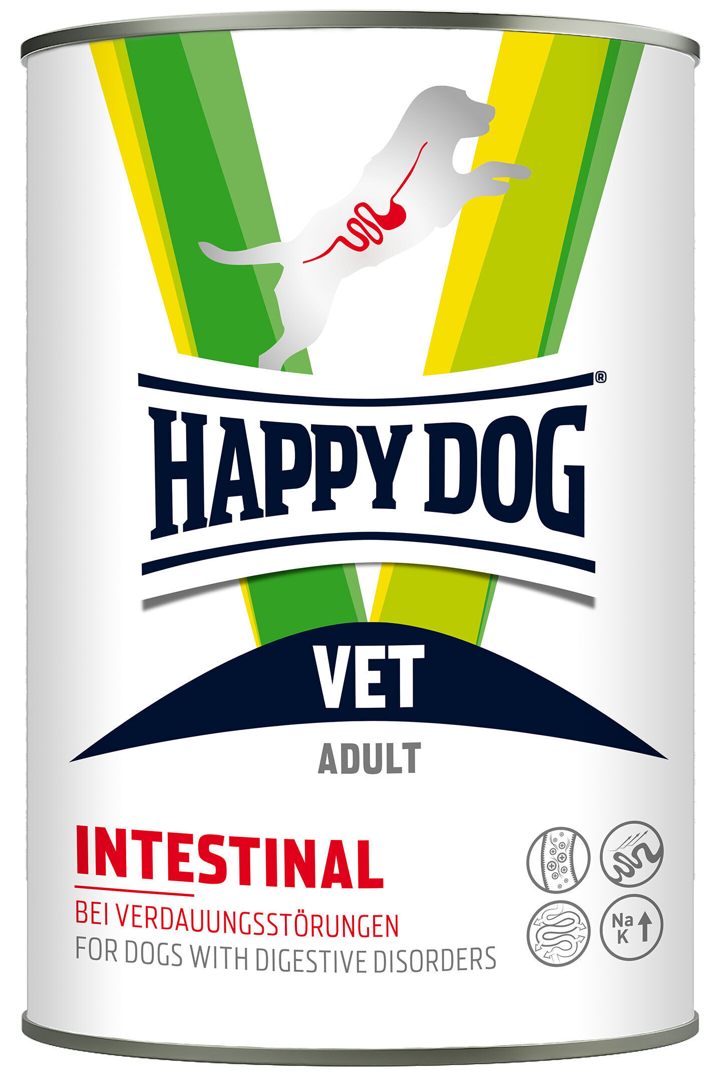 VET Diät Intestinal nass Dose mit der Aufschrift "Happy Dog Vet Adult Intestinal" zeigt Hundesymbol. Text erläutert: "Bei Verdauungsstörungen. For dogs with digestive disorders." Embleme repräsentieren Verdauungsaspekte.