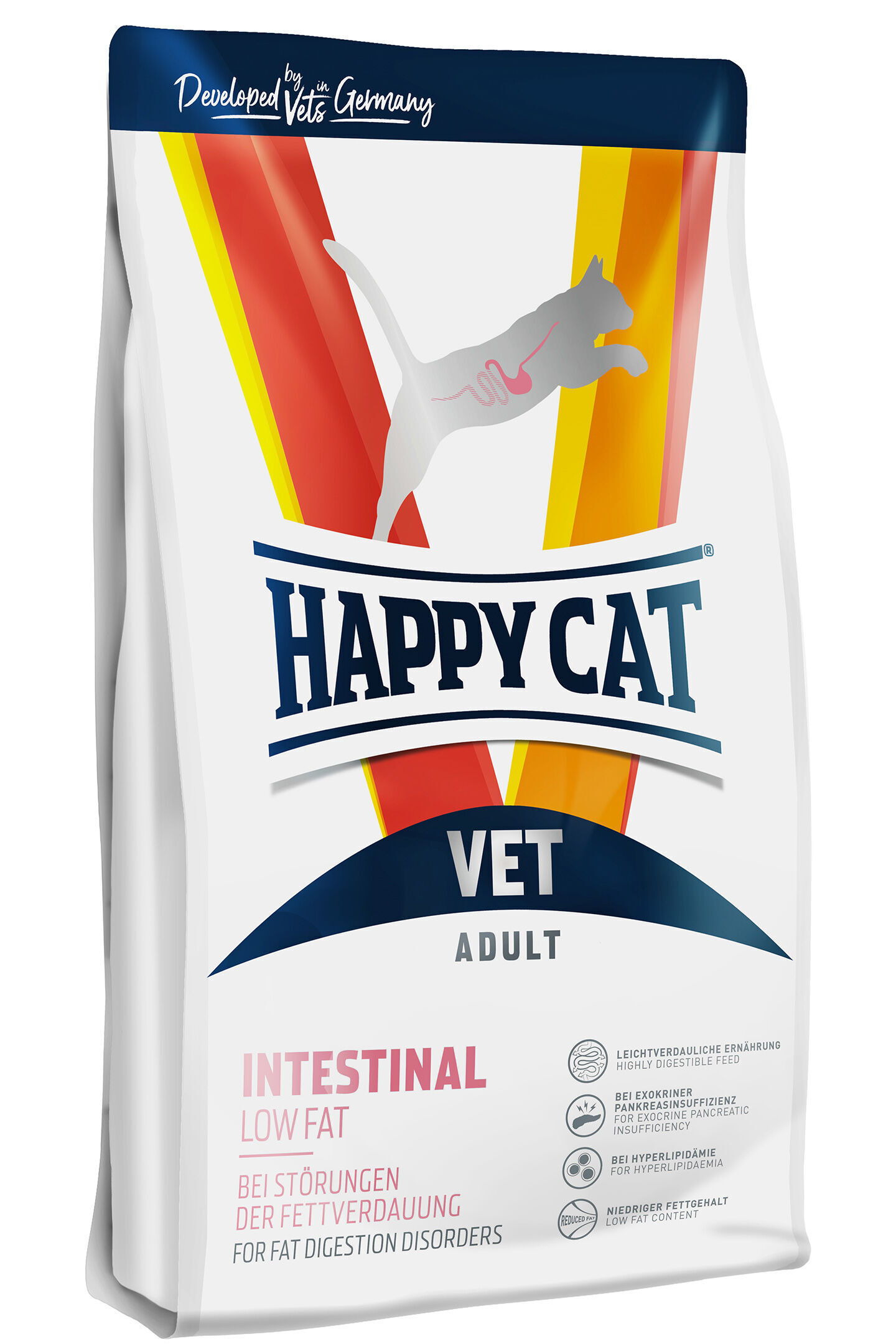 VET Diät Intestinal Low Fat trocken Verpackung für Katzenfutter von Happydog, speziell entwickelt bei Fettverdauungsstörungen. Text: "Happy Cat", "Vet", "Adult", "Intestinal Low Fat", "Developed by Vets in Germany".