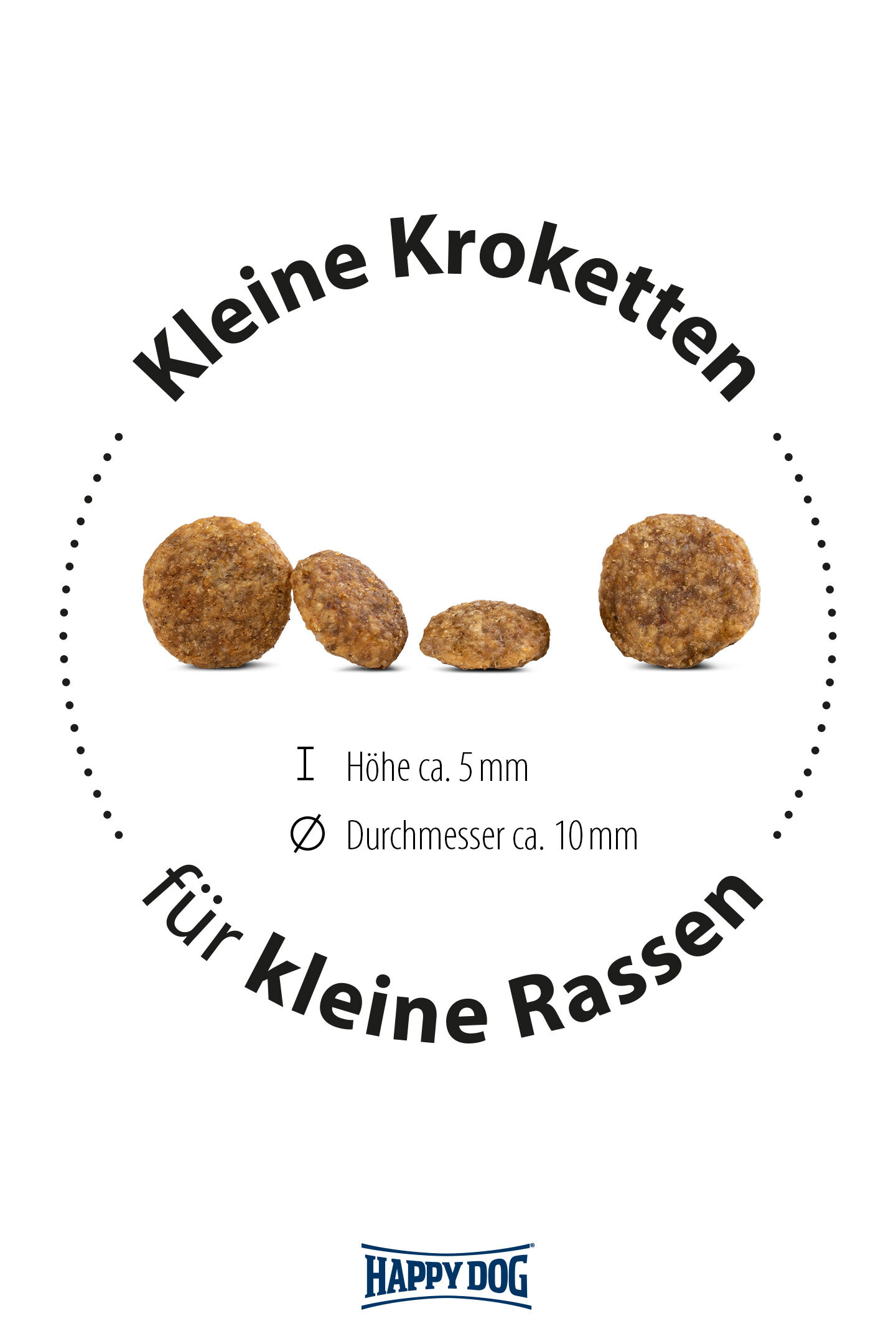 Drei kleine Kroketten in einer Reihe, beschriftet mit "Kleine Kroketten für kleine Rassen". Größe: Höhe ca. 5 mm, Durchmesser ca. 10 mm. Logo: Happydog.