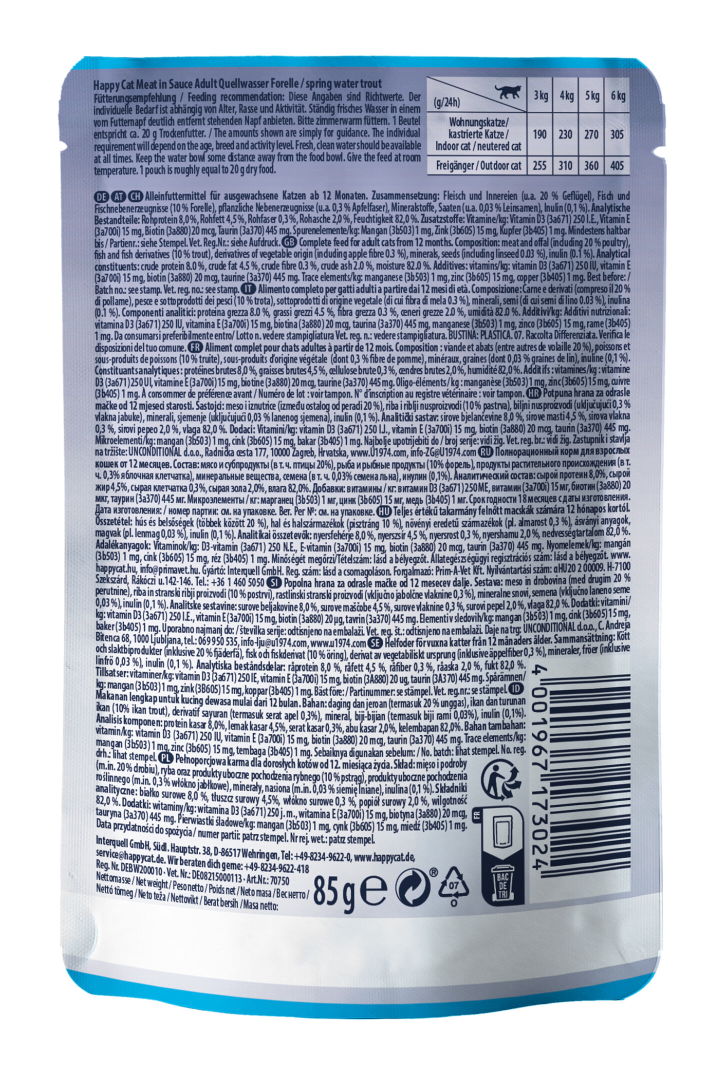 Verpackung eines Katzenfutters mit detaillierter Produktinformation, Fütterungsempfehlungen und Zutatenliste Alleinfuttermittel. Beinhaltet Nährwertangaben und Hinweise zur Verwendung. Nettogewicht: 85 g.