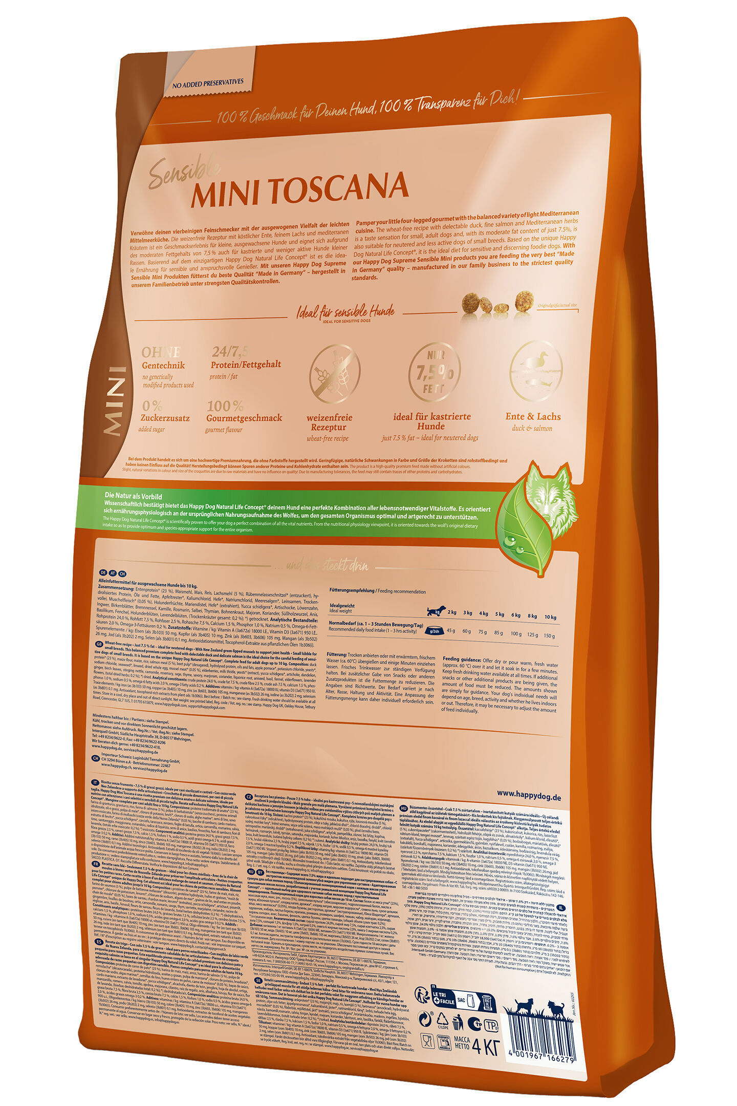 Packung Hundefutter "Mini Toscana" von Happydog mit detaillierten Angaben zur Zusammensetzung, Fütterungsempfehlungen und Produktbeschreibungen auf der Rückseite. Enthält Angaben zur idealen Verwendung.