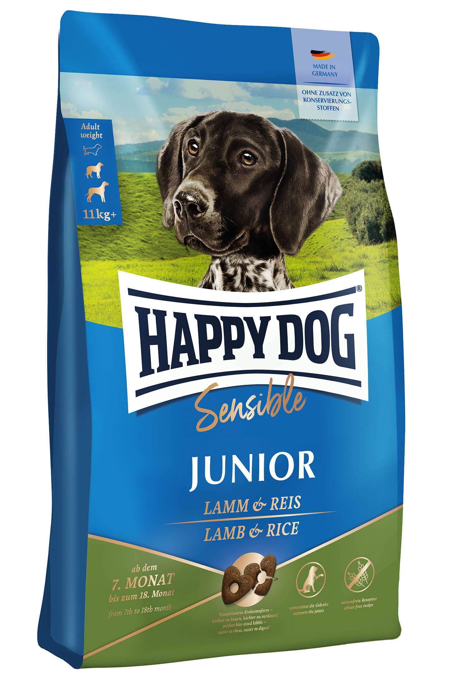 Sensible Junior - Agneau et Riz Eine Packung Hundefutter von Happydog mit einem Hundebild auf einer grünen Wiese; Text: "Junior Lamm & Reis", "ohne Zusatz von Konservierungsstoffen".