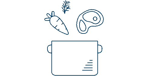 Icon eines Kochtopfs, gefüllt mit Karotte und Fleisch.