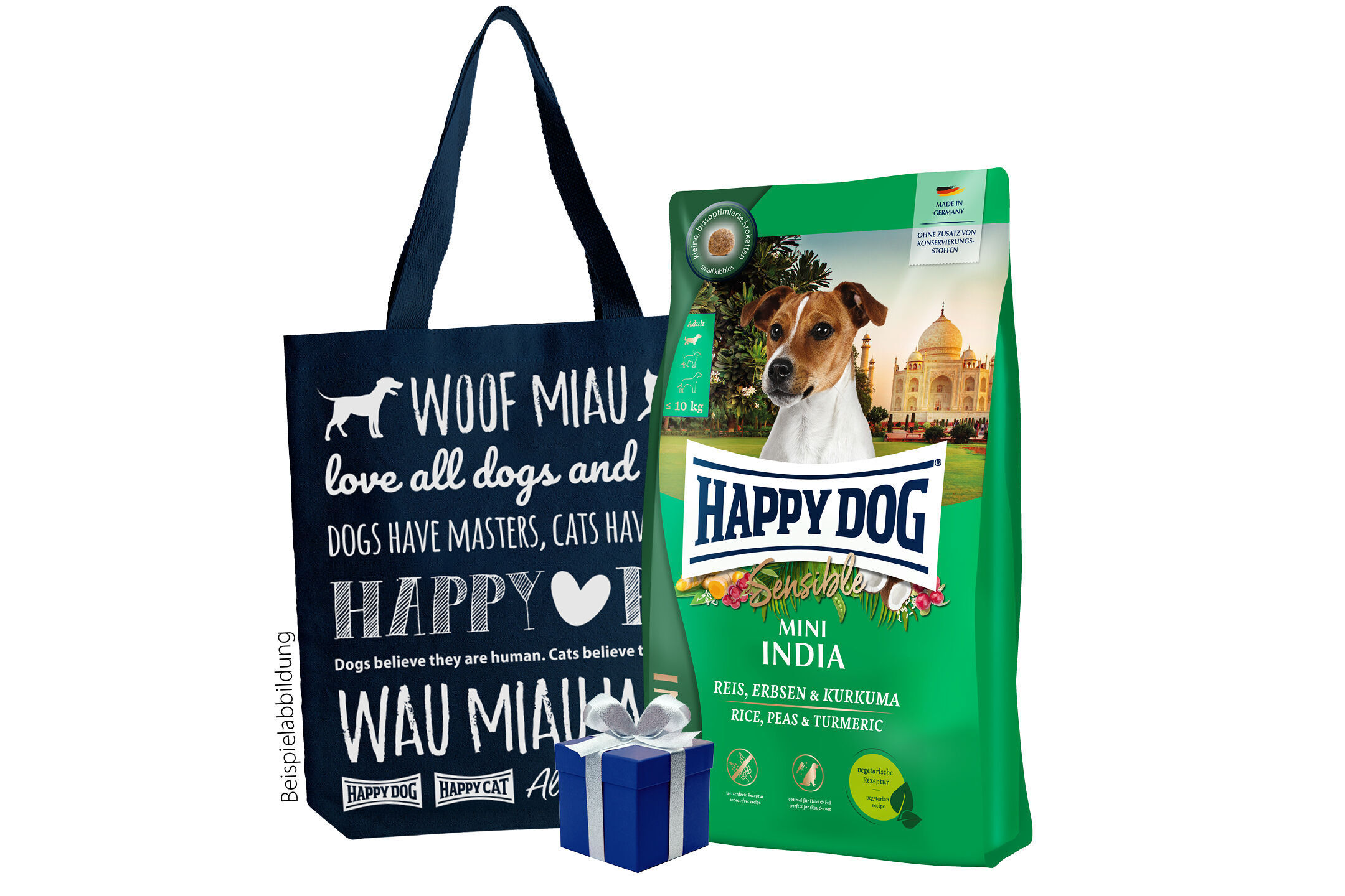 Probiertasche Sensible Mini India Eine Tasche mit Hundemotiven, eine Happy Dog Hundefutterpackung "Sensible Mini India" und ein kleines Geschenk. Text auf der Tasche: "WOOF MIAU love all dogs and cats have..."