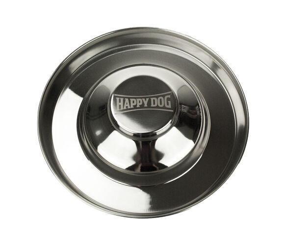 Metallnapf mit erhöhtem Rand ruht still; glänzende Oberfläche mit eingraviertem Logo "HAPPY DOG" im Inneren; dient als Fressnapf für Haustiere, in minimalistischem, funktionellem Design.