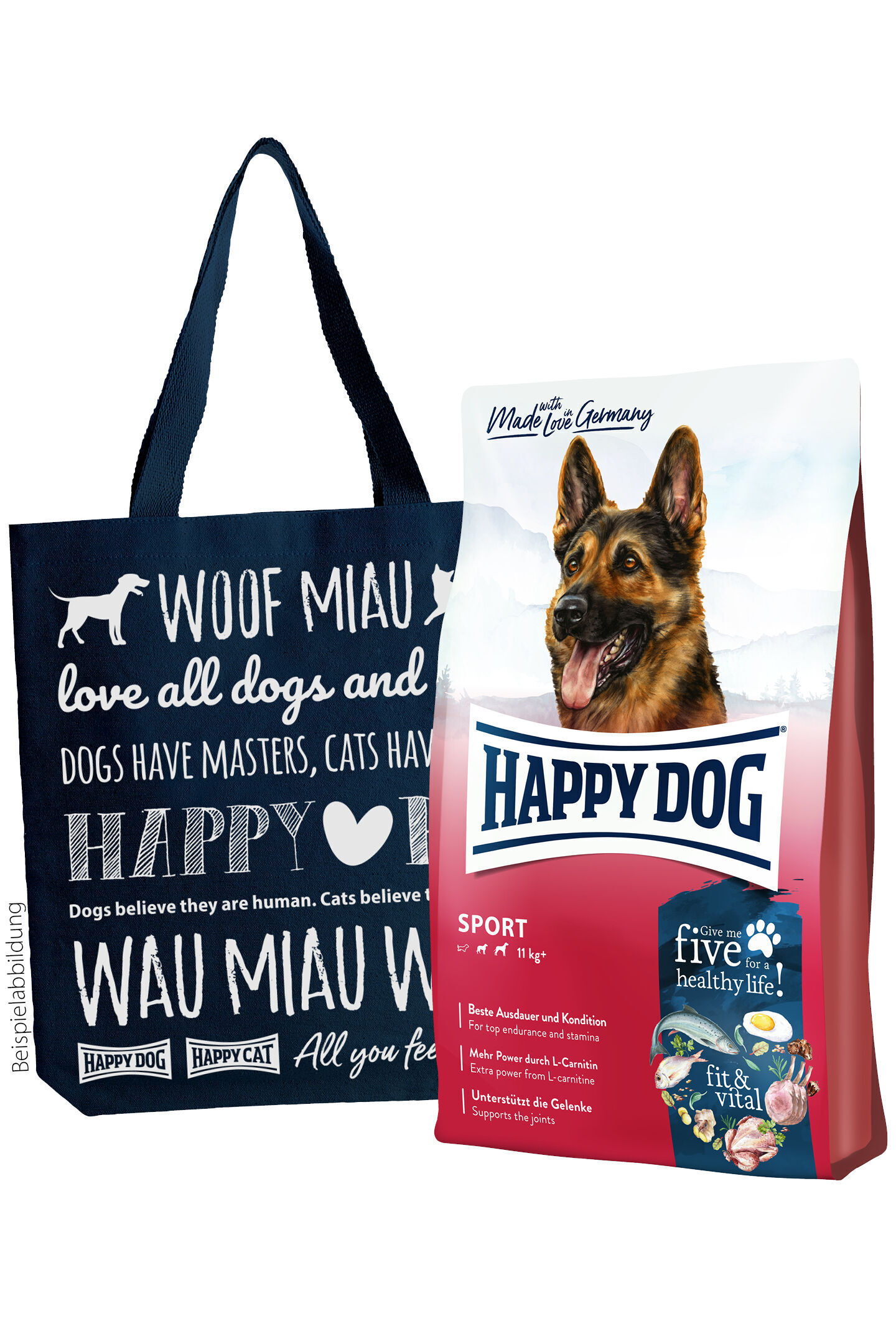 Hundefutterpackung mit Schäferhundbild, Aufschrift „Happy Dog Sport“, daneben Stofftasche mit Text „Dogs have masters, cats have staff“. Produkt aus Deutschland für aktive Hunde.