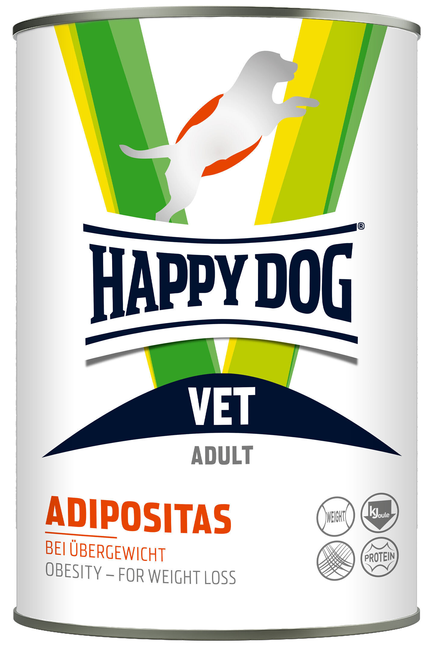 VET Diet Adipositas - Humide Dose mit der Aufschrift "HAPPY DOG VET ADULT". Hervorgehobener Text: "ADIPOSITAS BEI ÜBERGEWICHT OBESITY – FOR WEIGHT LOSS". Icons für Gewicht, Energie, Protein.
