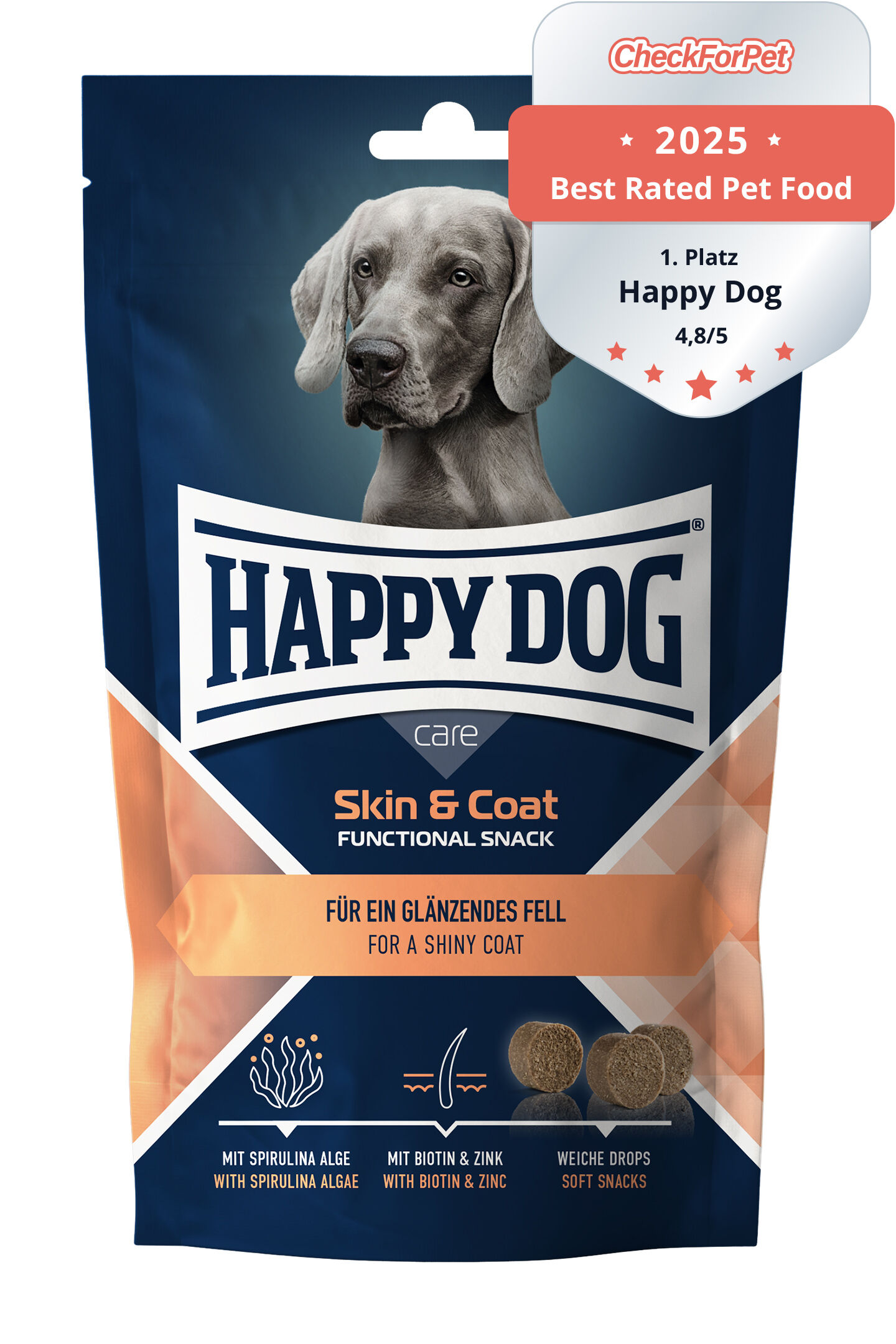 Hundesnackverpackung der Marke Happy Dog in der Sorte Care Skin und Coat.