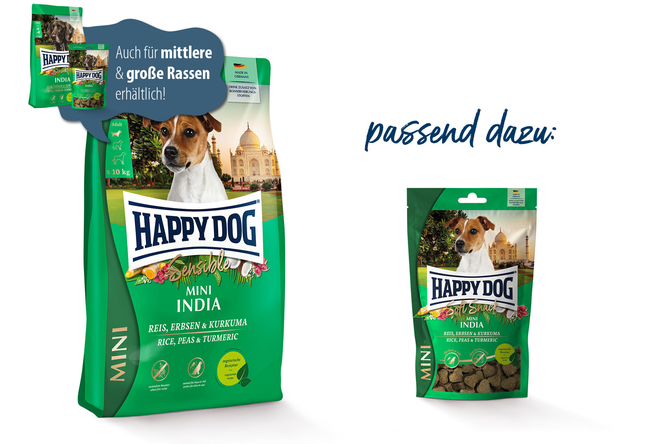 Zwei Verpackungen von Happydog-Hundefutter mit der Aufschrift „Sensible Mini India“, enthalten Reis, Erbsen und Kurkuma. Zusatz: Für mittlere und große Rassen erhältlich.