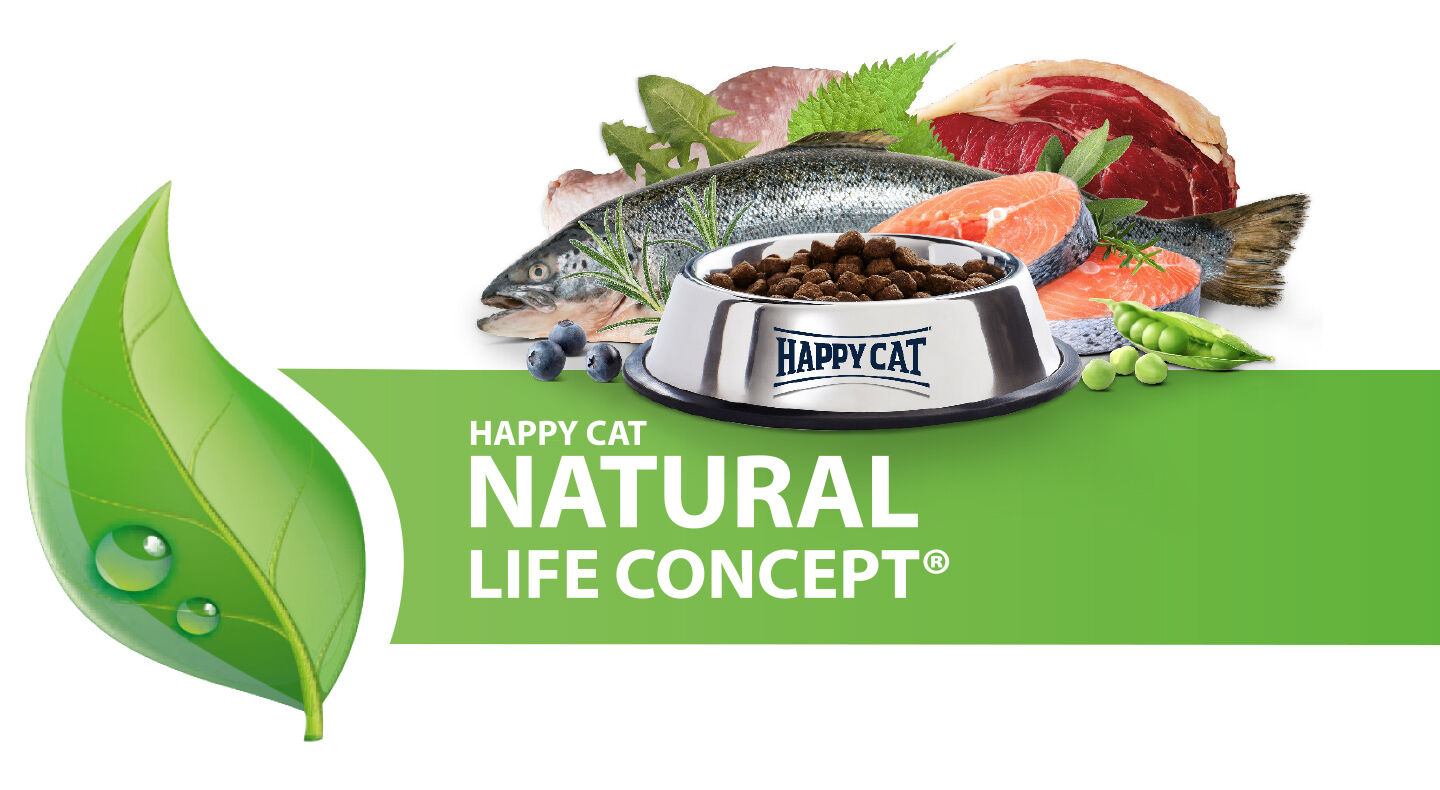 Frische Zutaten für Happy Cat Katzenfutter: Fisch, Fleisch, Kräuter und Beeren