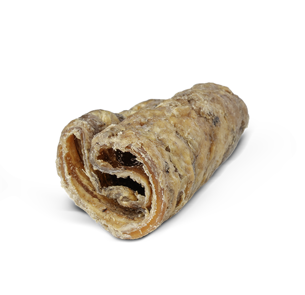 Zwei Kauröhren aus getrocknetem Rindermaterial liegen aufeinander, vor weißem Hintergrund. Perfekter Kausnack für Hunde, möglicherweise von Happydog inspiriert.