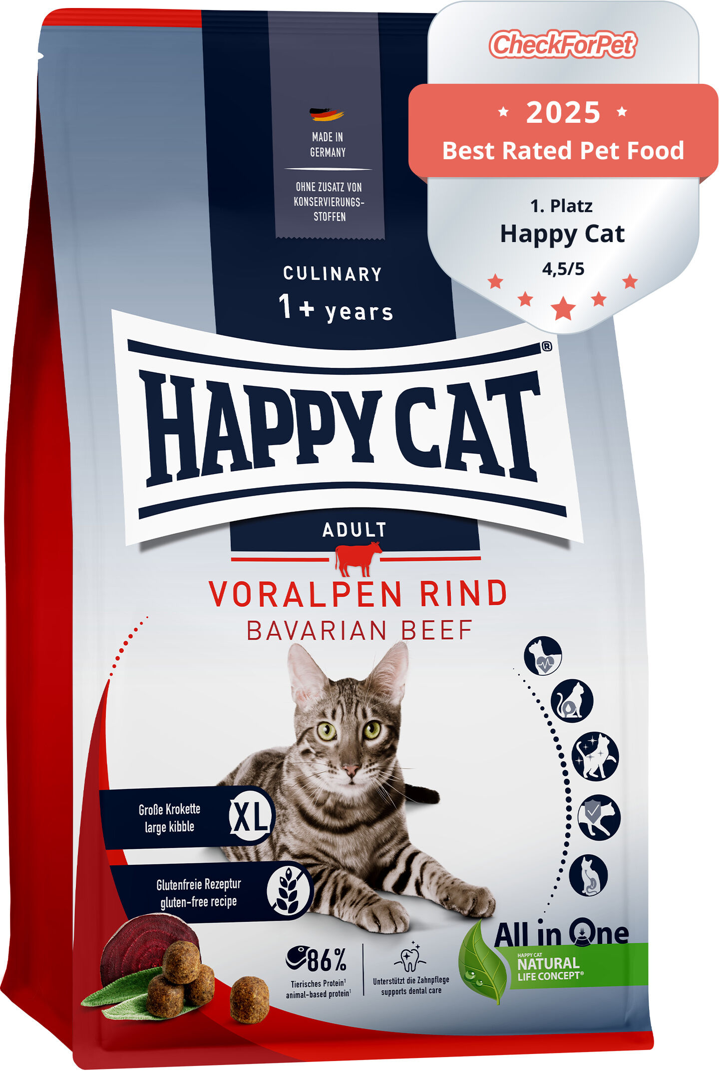 Verpackung für Katzenfutter mit einem Foto einer Katze und den Aufschriften "Happy Cat", "Voralpen Rind", "CheckForPet 2023 Best Rated Pet Food 4,7/5", glutenfreie Rezeptur. Made in Germany.