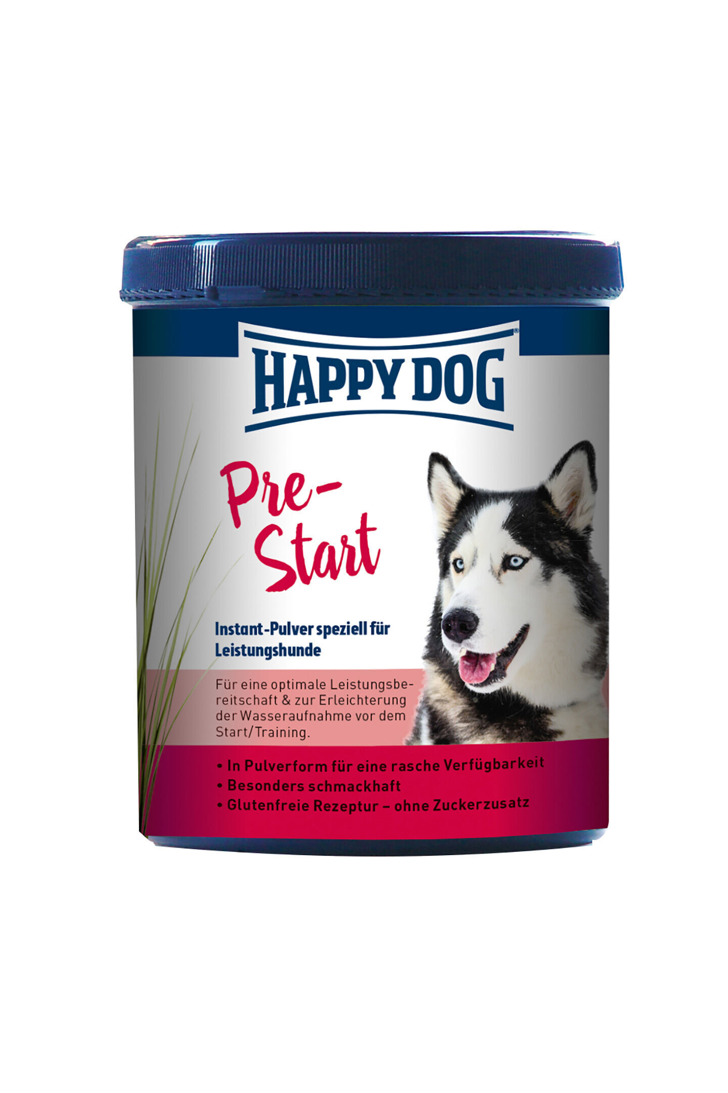 Pre-Start Behälter mit Happydog Pre-Start Pulver, speziell für Leistungshunde. Für optimale Leistungsbereitschaft und Wasseraufnahme vor Training. In Pulverform, glutenfrei, ohne Zuckerzusatz. Bild eines Hundes auf dem Etikett.