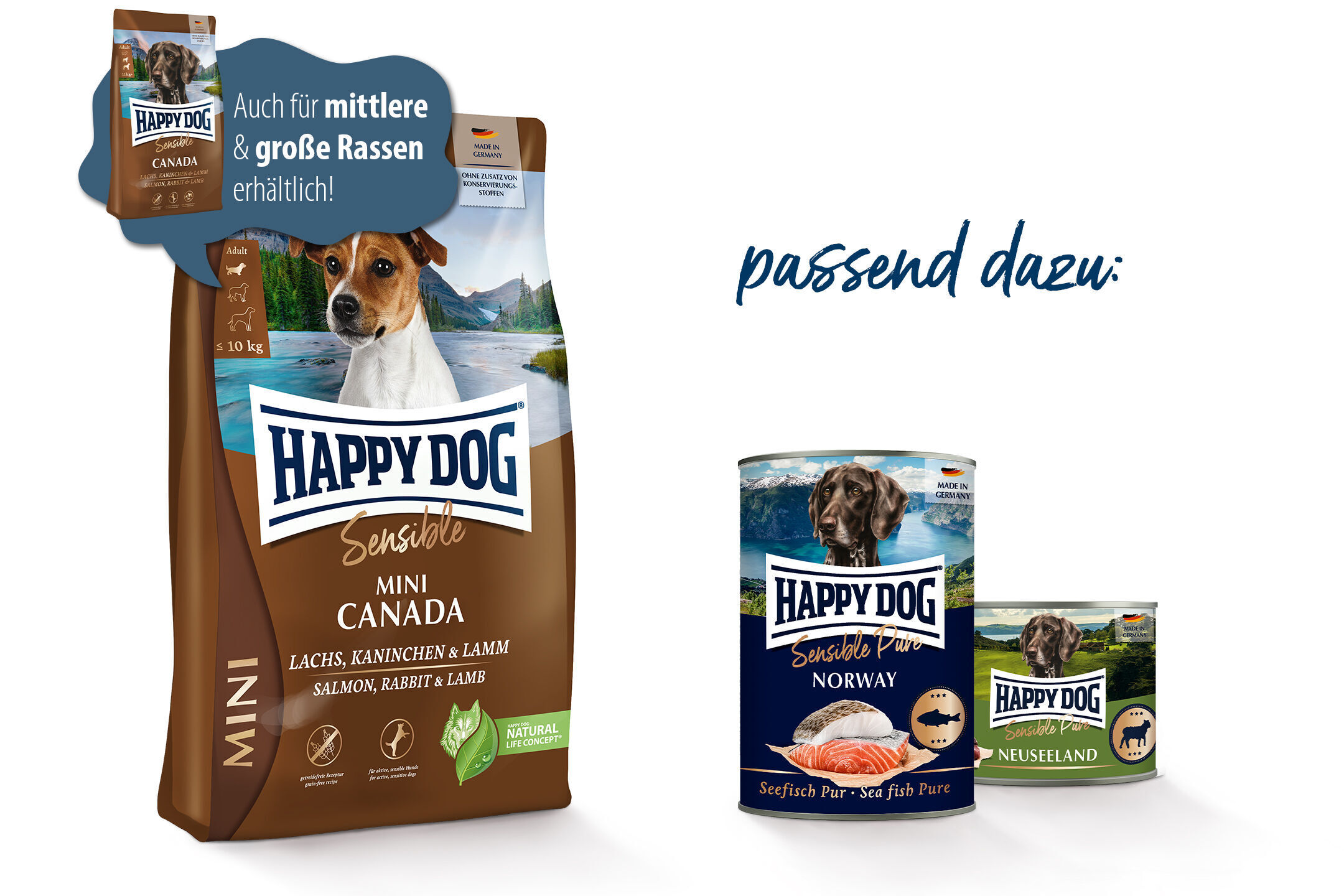 Hundefutterverpackungen von Happydog in verschiedenen Sorten, darunter „Mini Canada“ mit Lachs, Kaninchen und Lamm, daneben passende Dosen „Norway“ und „Neuseeland“. Sprechblase: „Auch für mittlere & große Rassen erhältlich!“.