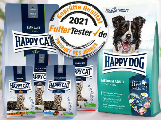 Darstellung von Produkten der Marken Happy Dog und Happy Cat, welche von FutterTestr zum Produkt des Jahres 2021 ausgezeichnet wurden.