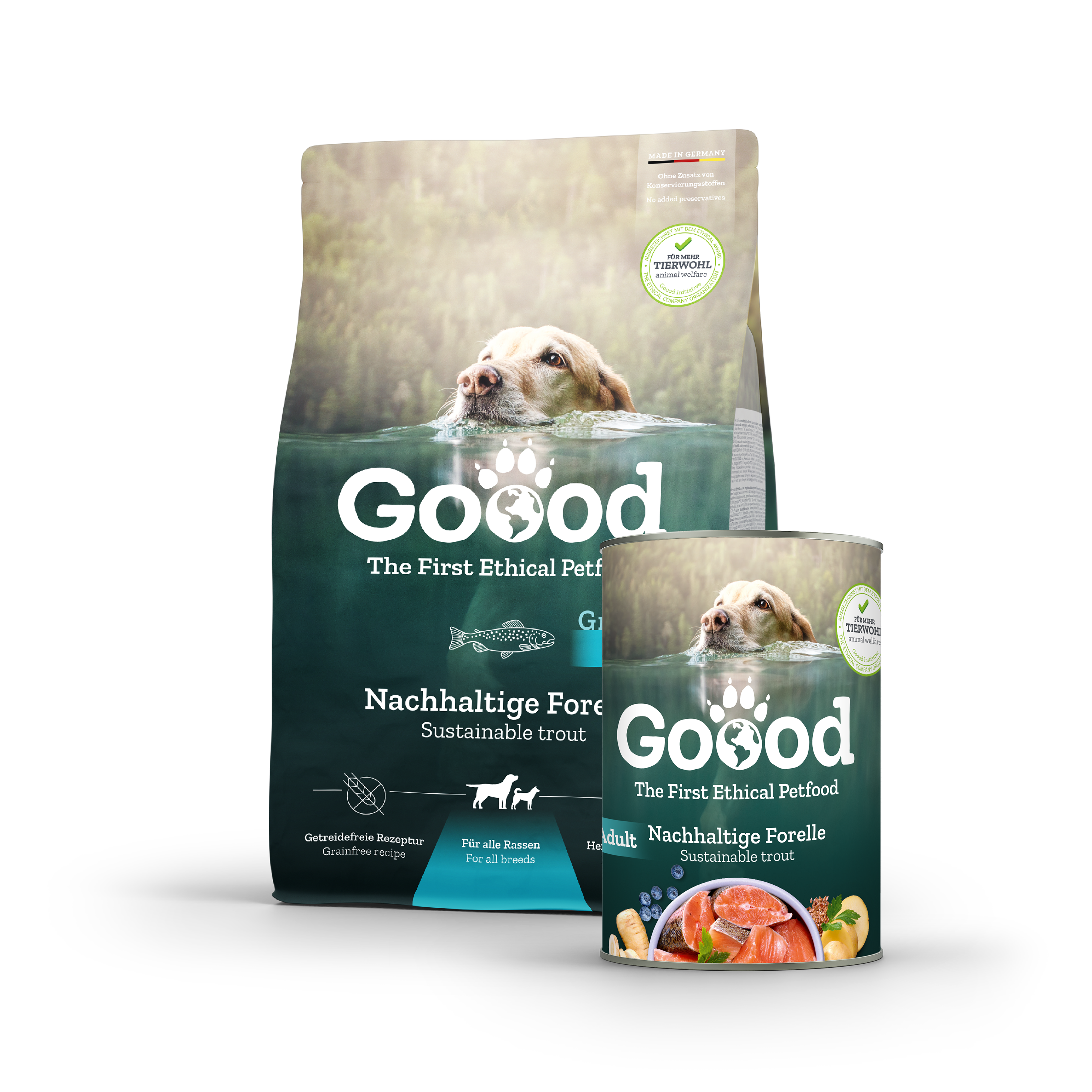Hundefutter in der Sorte nachhaltige Forelle der Marke Goood wird als Trockenfutter und Nassfutter dargestellt.
