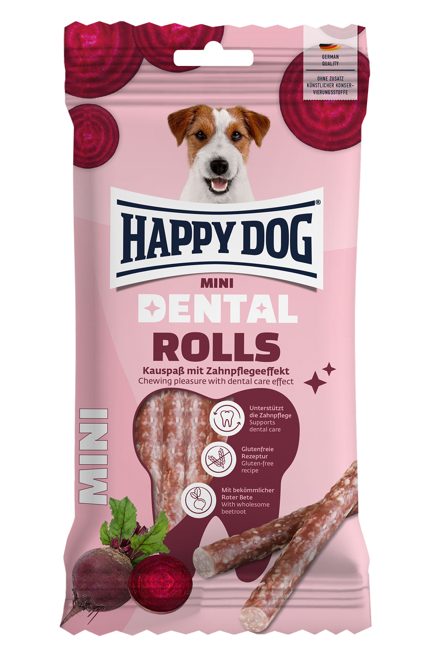 Verpackungsvorderseite der Dental Rolls Kaustangen von Happy Dog mit Zahnpflegeeffekt für Hunde