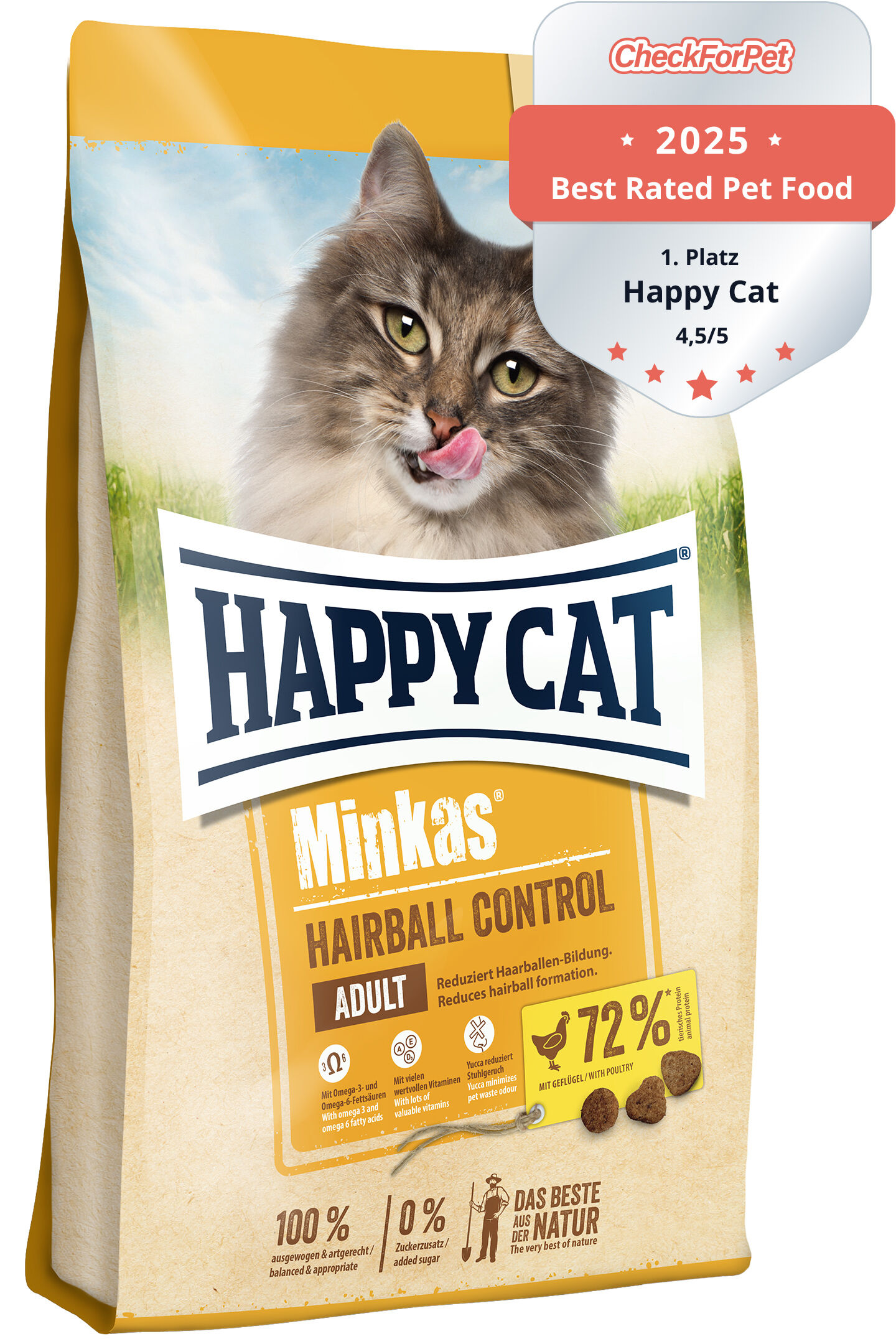 Verpackung für Happy Cat Minkas Hairball Control, Adult, mit 72% Geflügel; ausgezeichnet als „2023 Best Rated Pet Food“, 4,7/5 von CheckForPet. Bild einer Katze im oberen Bereich.